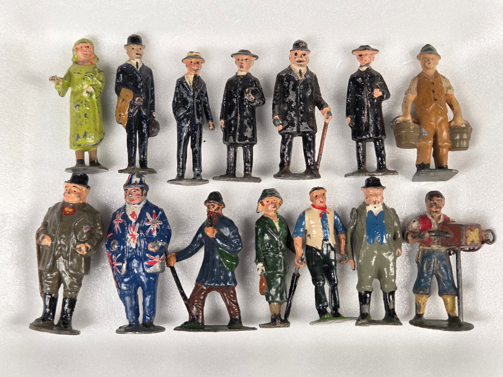 14) VARIOUS LEAD PAINTED CIVILIANS WORKERS: ALL REMAIN IN GOOD CONDITION, SHOWING SOME TYPICAL WEAR, PAINT LOSS.