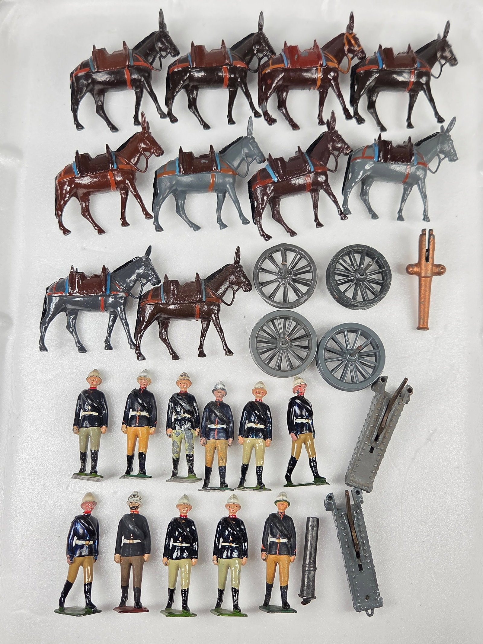 BRITAINS ROYAL MOUNTAIN SOLDIERS MULES ARTILLERY: ALL REMAIN IN GOOD CONDITION SHOWING SOME TYPICAL WEAR, PAINT LOSS