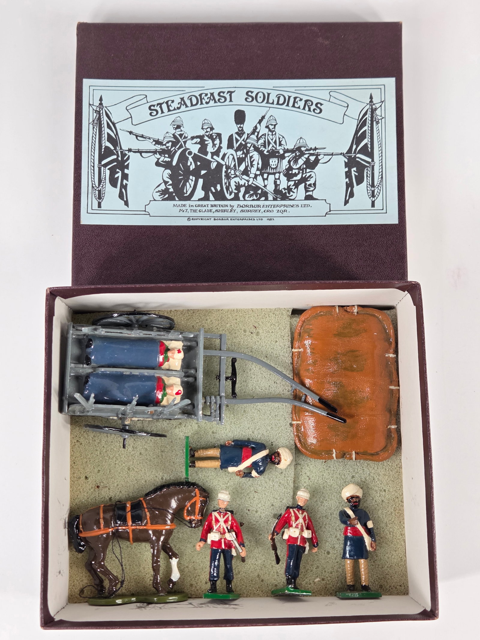 STEADFAST BRITISH ARAB WOUNDED SOLDIER CART: SET REMAINS IN GOOD CONDITION, SHOWING SOME TYPICAL PAINT / USAGE WEAR. CUSTOM BOX.