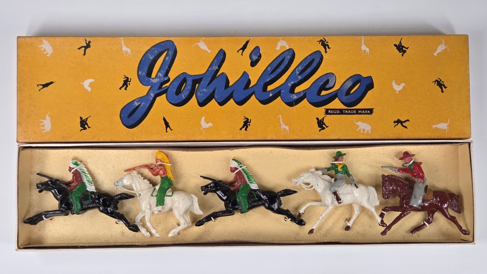 5) JOHILLCO B.100-118 HORSEBACK COWBOYS & INDIANS: SET REMAINS IN GOOD CONDITION, SHOWING SOME TYPICAL PAINT / USAGE WEAR. IN BOX.