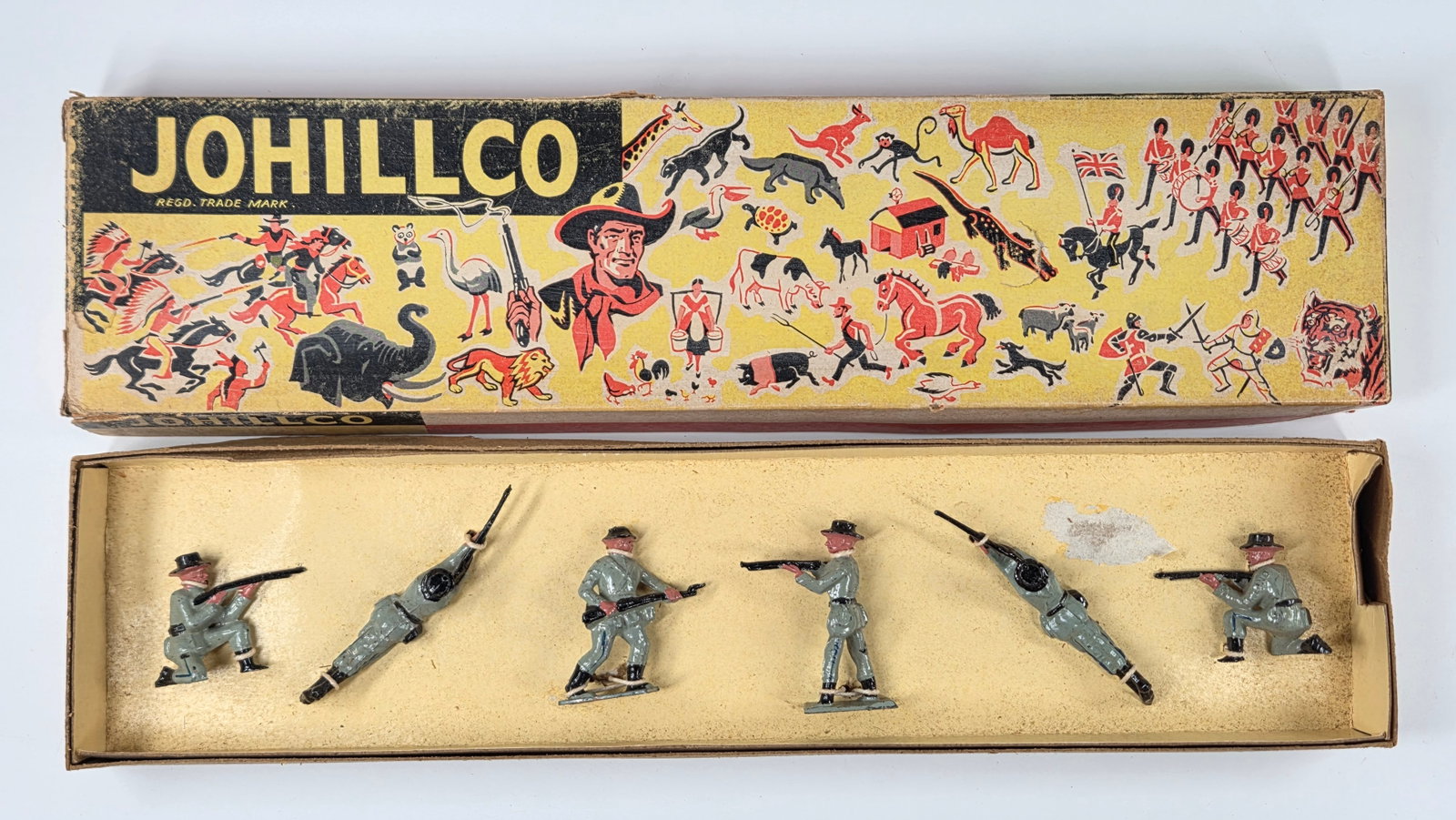 6) JOHILLCO JS6 PAINTED LEAD CONFEDERATE SOLDIERS: SET REMAINS IN GOOD CONDITION, SHOWING SOME TYPICAL PAINT / USAGE WEAR. IN BOX.