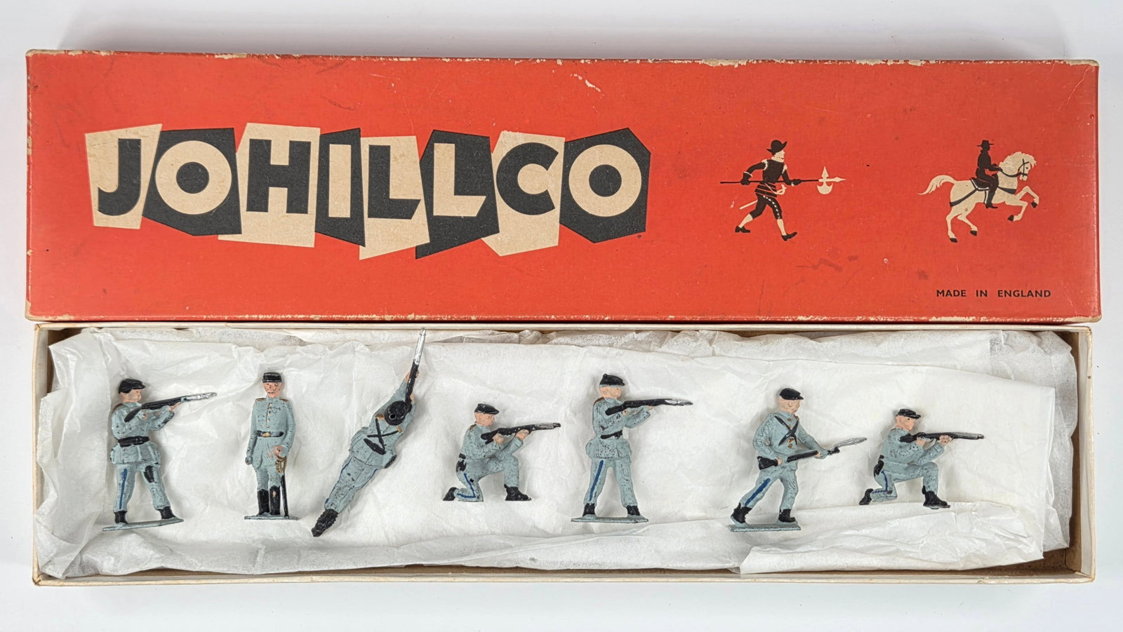 7) JOHILLCO SR.125 CONFEDERACY ARMY LEAD SOLDIERS: SET REMAINS IN GOOD CONDITION, SHOWING SOME TYPICAL PAINT / USAGE WEAR. IN BOX.