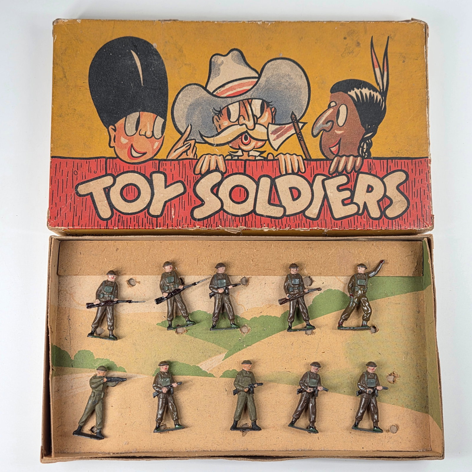 10) BRITAINS 169S BRITISH INFANTRY TOY SOLDIERS: SECONDS SET REMAINS IN GOOD CONDITION SHOWING SOME TYPICAL PAINT / USAGE WEAR. IN BOX