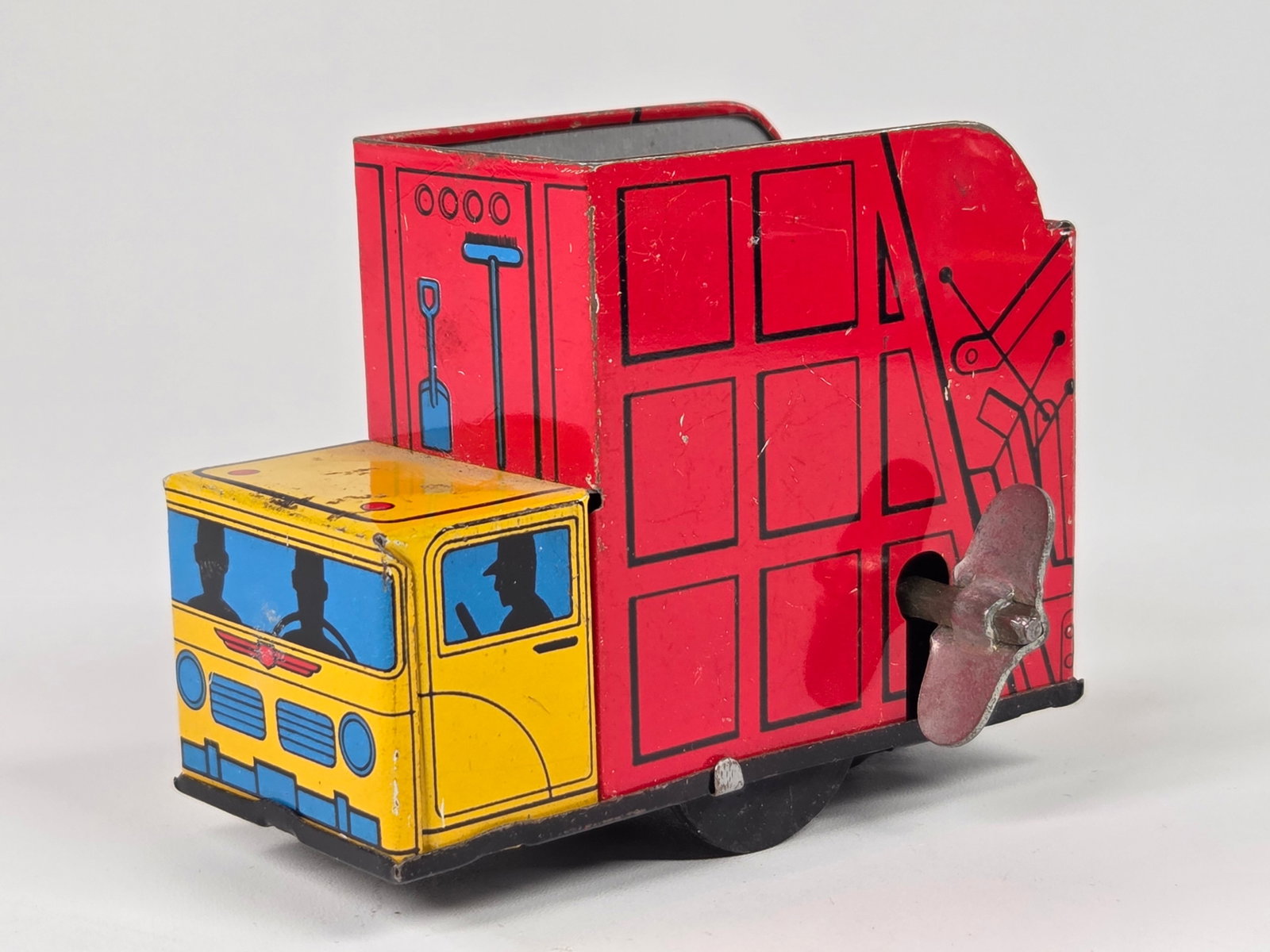 SMALL TIN WIND UP SQUARE TRASH GARBAGE TRUCK: REMAINS IN GOOD CONDITION, SHOWING SOME TYPICAL WEAR. WIND UP MECHANISM WORKS.