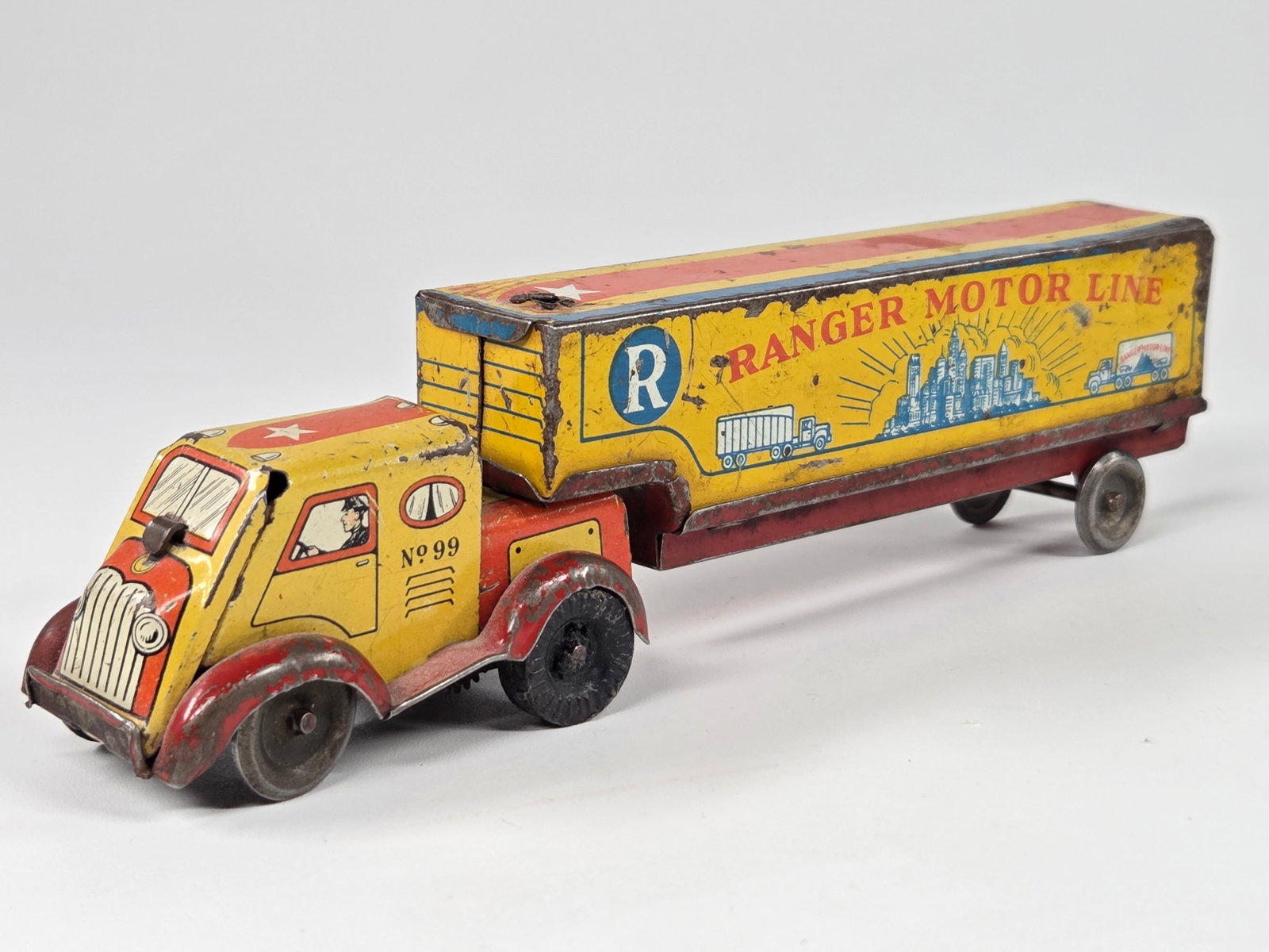 SMALL TIN LITHO WIND UP RANGER MOTOR LINE TRUCK: REMAINS IN FAIR TO GOOD CONDITION, SHOWING SOME TYPICAL WEAR. WIND UP MECHANISM UNTESTED.