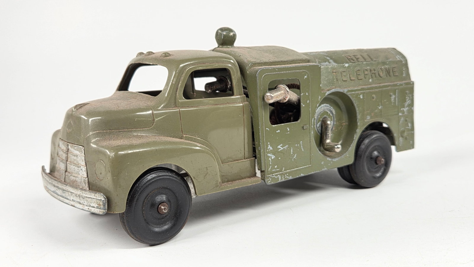 HUBLEY KIDDIE TOYS BELL TELEPHONE TRUCK: REMAINS IN FAIR TO GOOD CONDITION, SHOWING SOME TYPICAL WEAR.