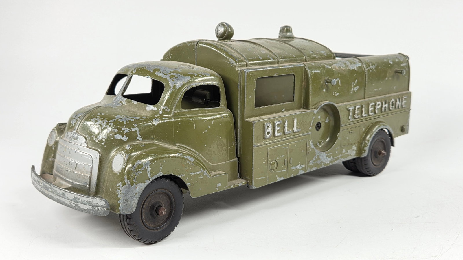 HUBLEY KIDDIE TOYS BELL TELEPHONE TRUCK: REMAINS IN FAIR TO GOOD CONDITION, SHOWING SOME TYPICAL WEAR.