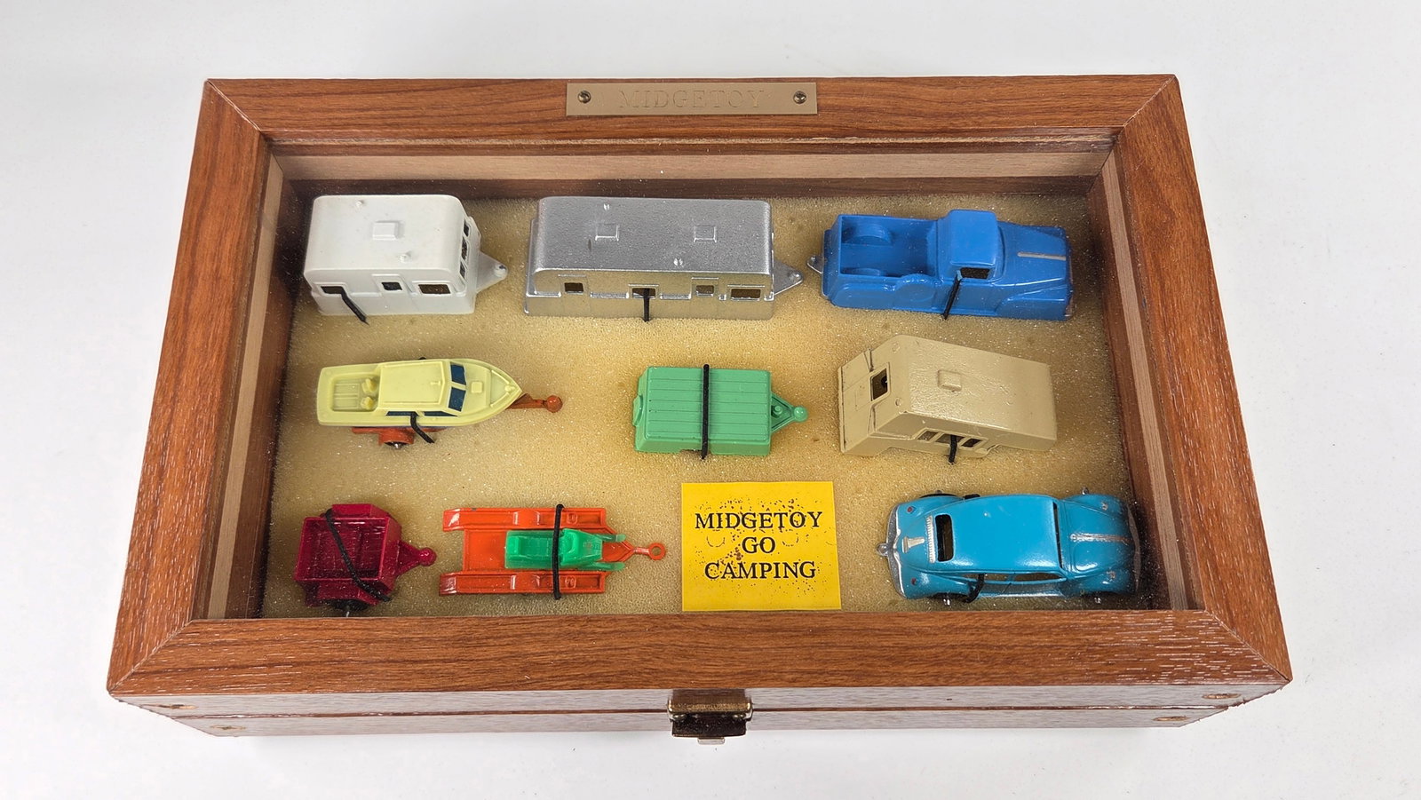 MIDGETOY GO CAMPING SET IN WOOD DISPLAY CASE: REMAINS IN VERY GOOD CLEAN CONDITION. NICE CUSTOM DISPLAY