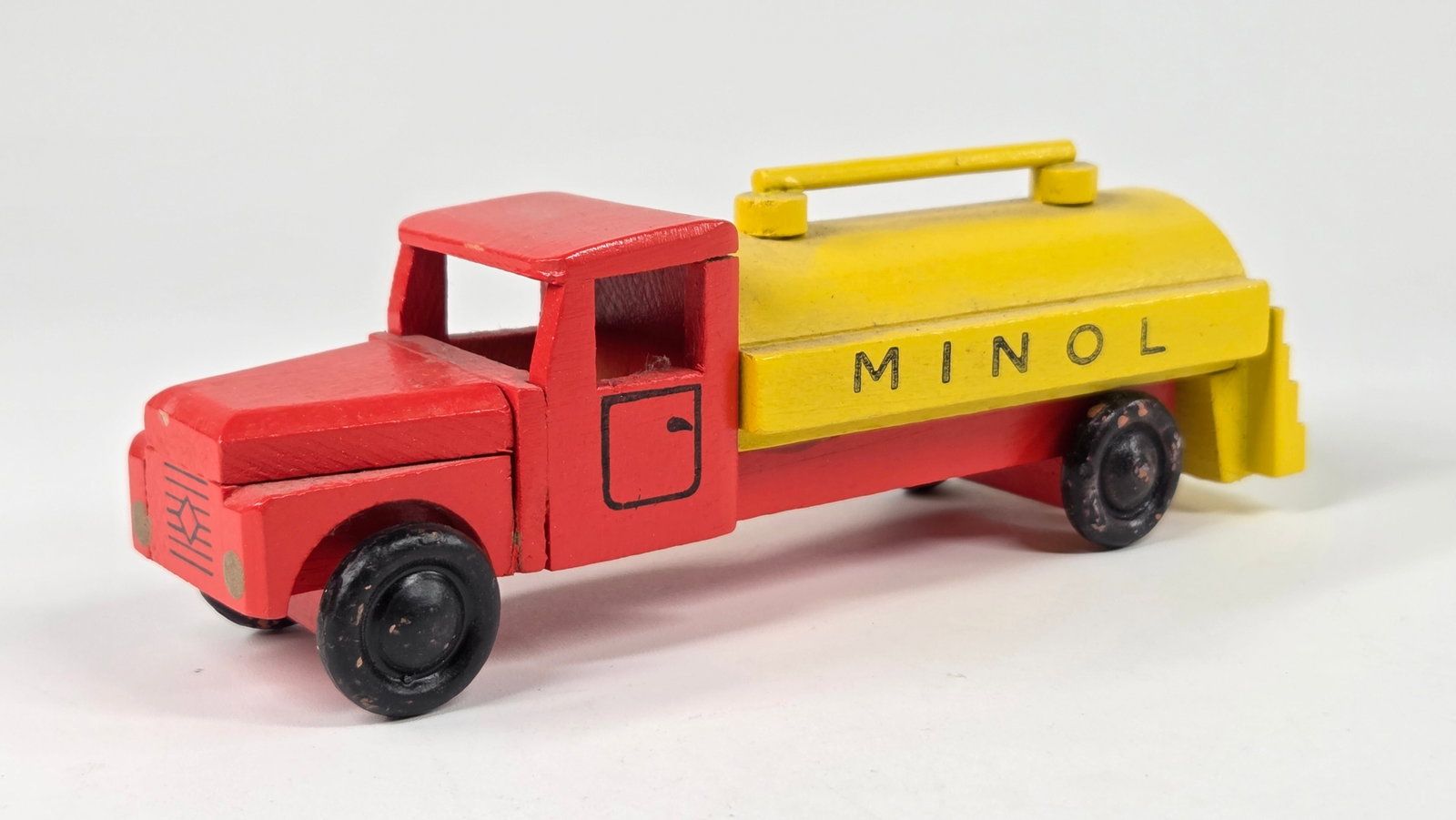 GERMAN ERZGEBIRGISCHE MINOL WOOD OIL TANKER TRUCK: REMAINS IN GOOD CONDITION, SHOWING LIGHT WEAR.