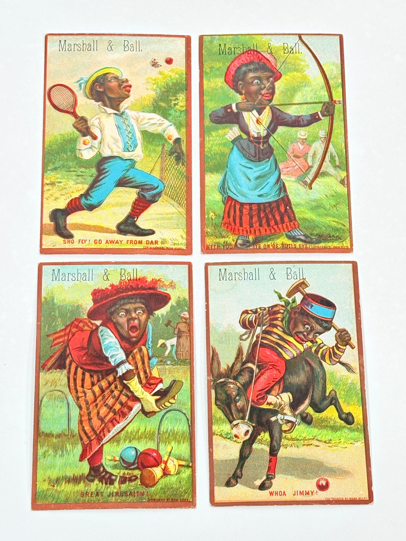 MARSHALL & BALL CLOTHIERS BLACK AMERICANA TRADE CARDS: ALL REMAINS IN FAIR TO GOOD CONDITION, SHOWING SOME TYPICAL WEAR.