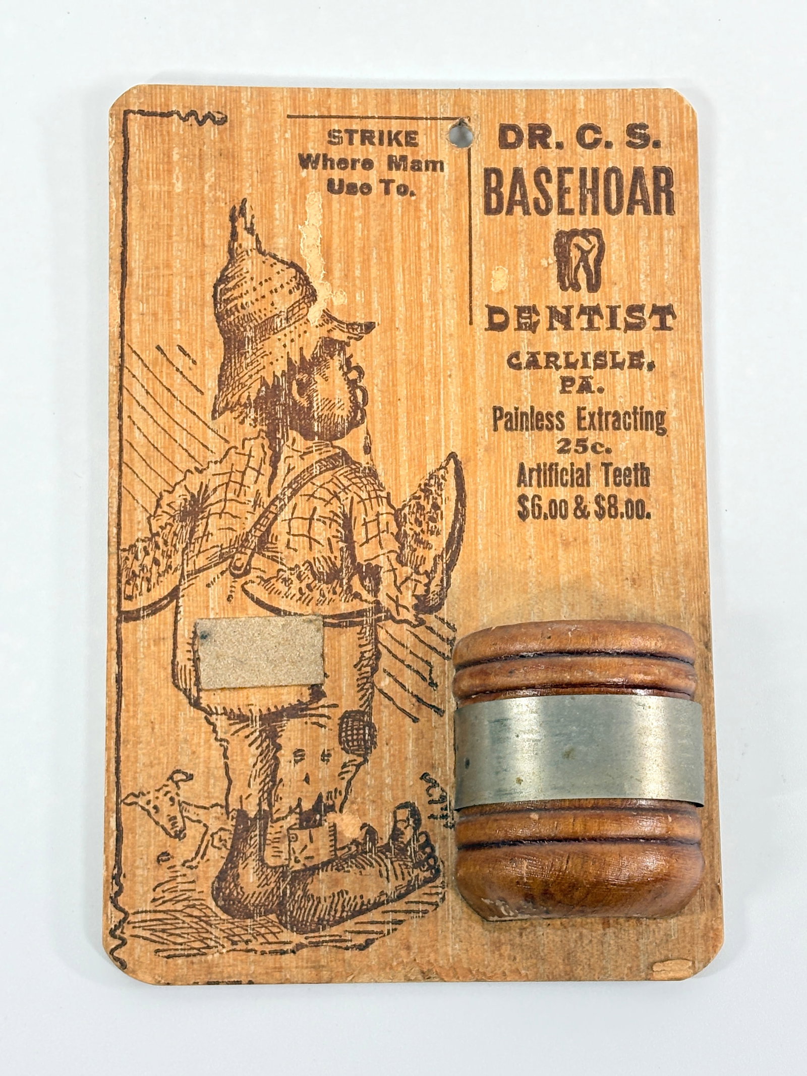 ANTIQUE WOOD DR. C.S. BASEBOARD DENTIST ADVERTISING MATCH HOLDER
