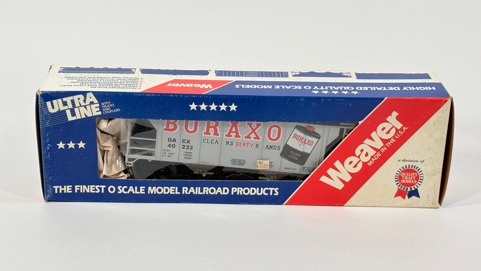 WEAVER ULTRA LINE O GAUGE BORAXO COVERED HOPPER: REMAINS IN VERY GOOD CONDITION WITH BOX.