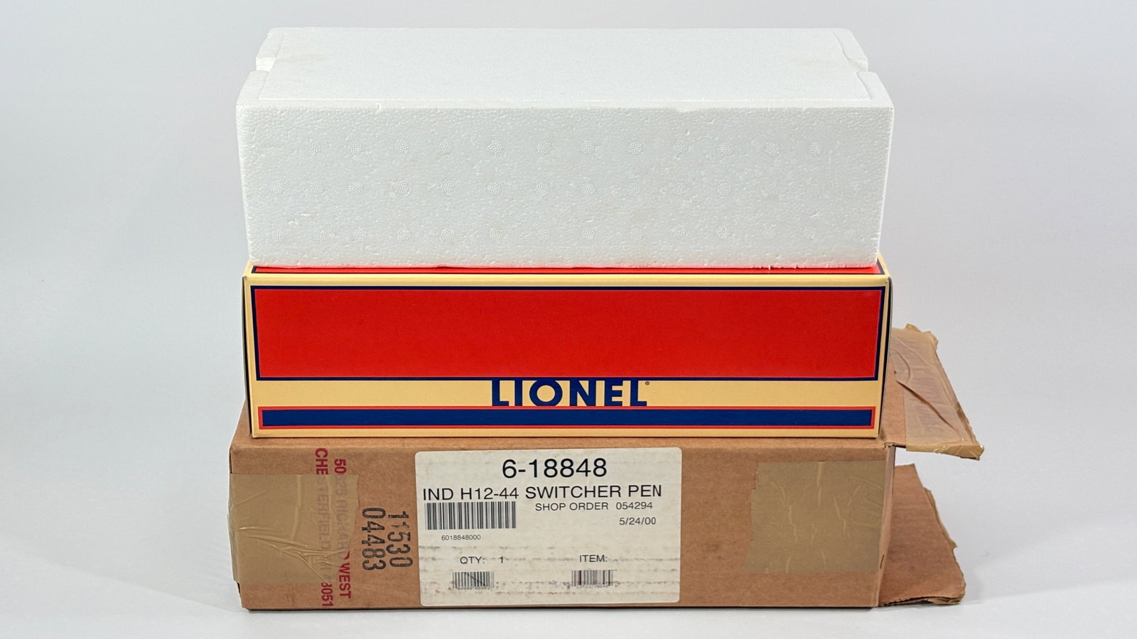 LIONEL 6-18848 PRR H12-44 SWITCHER EMPTY BOX: ALL PIECES REMAIN IN GOOD CONDITION. ORANGE BOX WITH TORN END FLAP.
