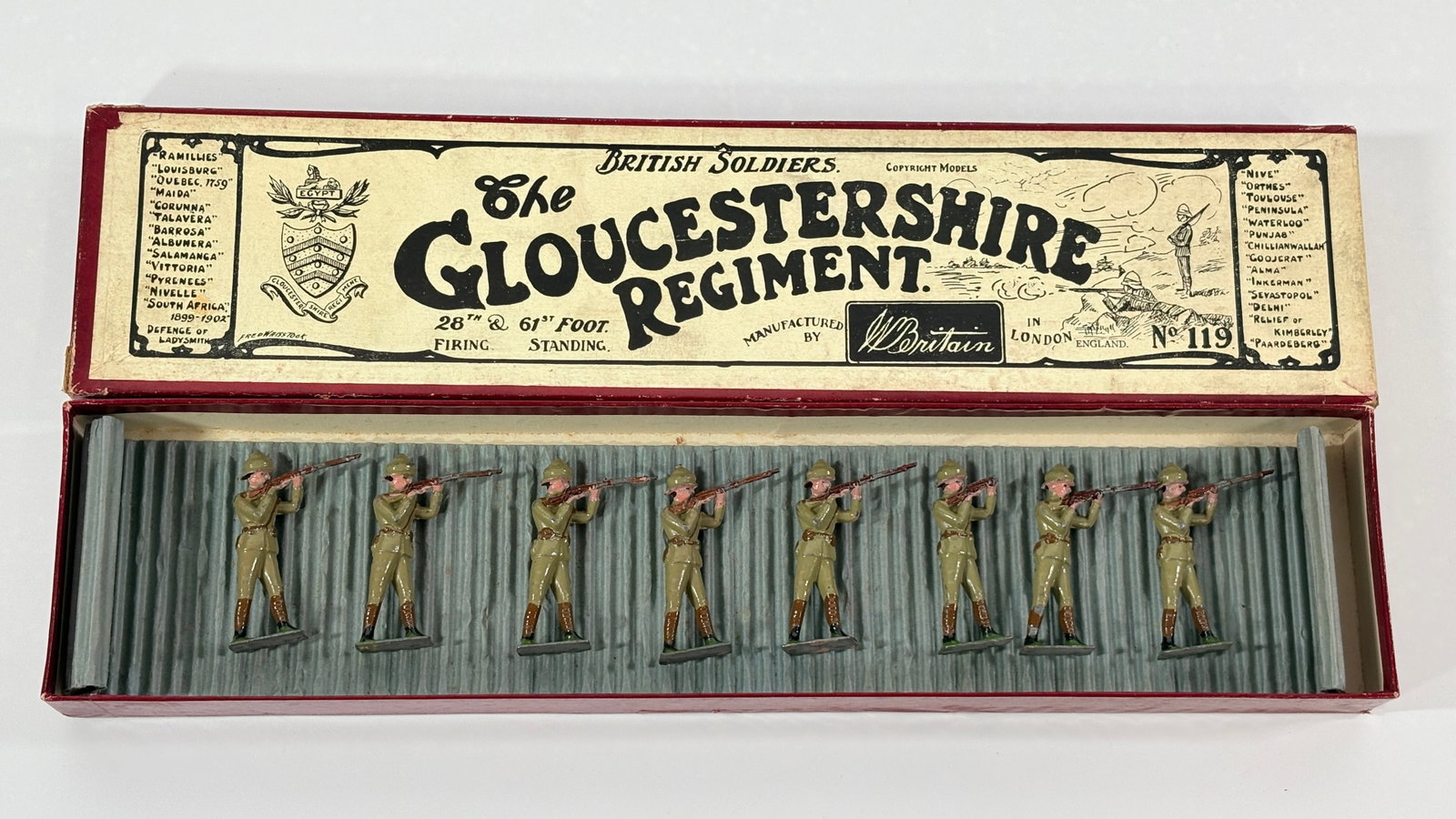 VINTAGE BRITAIN NO. 119 GLOUCESTERSHIRE REGT. STANDING FIRING: REMAINS IN VERY GOOD CONDITION, SHOWING SOME LIGHT PAINT WEAR.