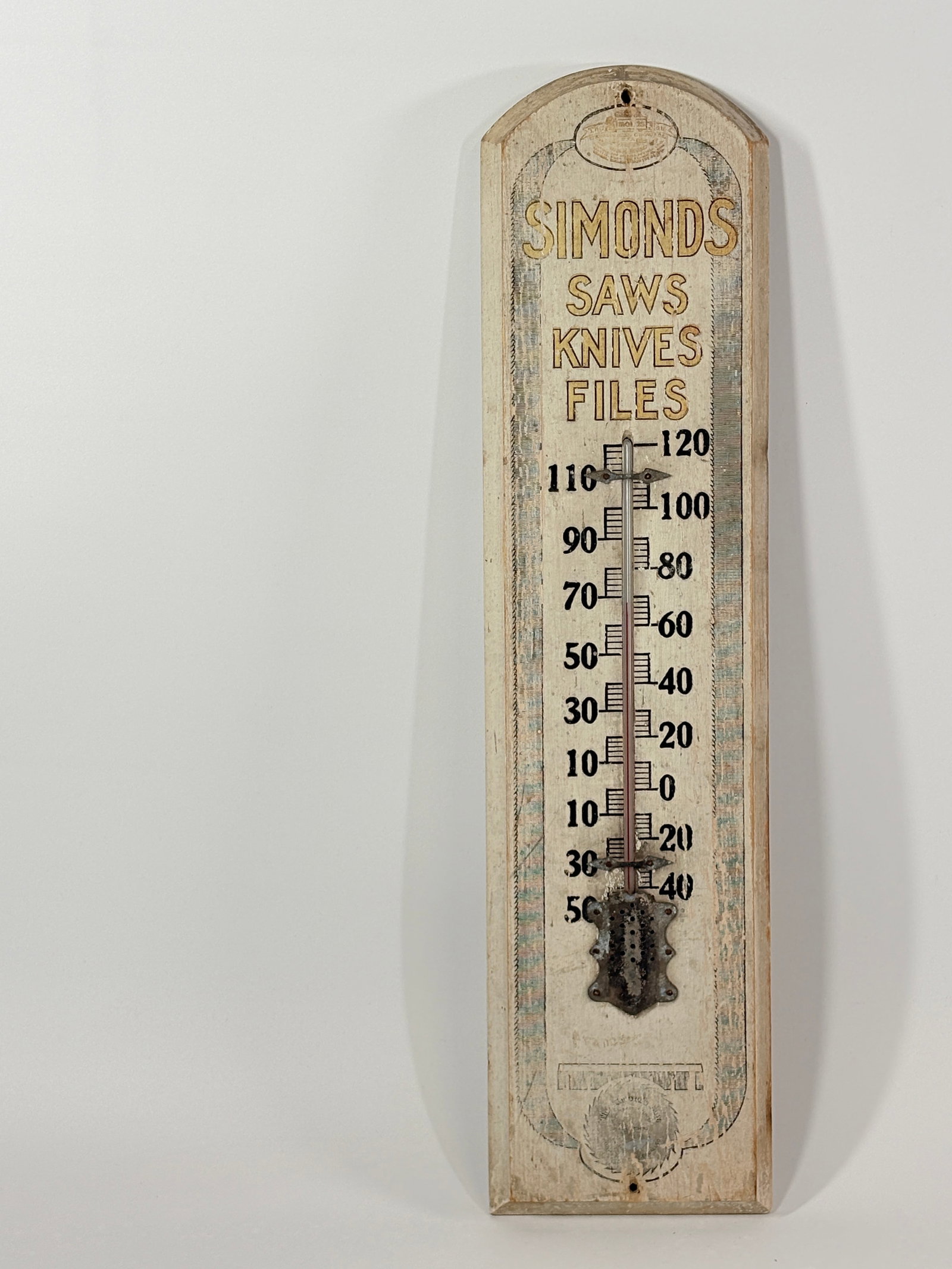RARE SIMONDS SAWS KNIVES FILES WOOD ADVERTISING THERMOMETER: THERMOMETER REMAINS IN GOOD CONDITION WITH SOME FADING & GENERAL WEAR