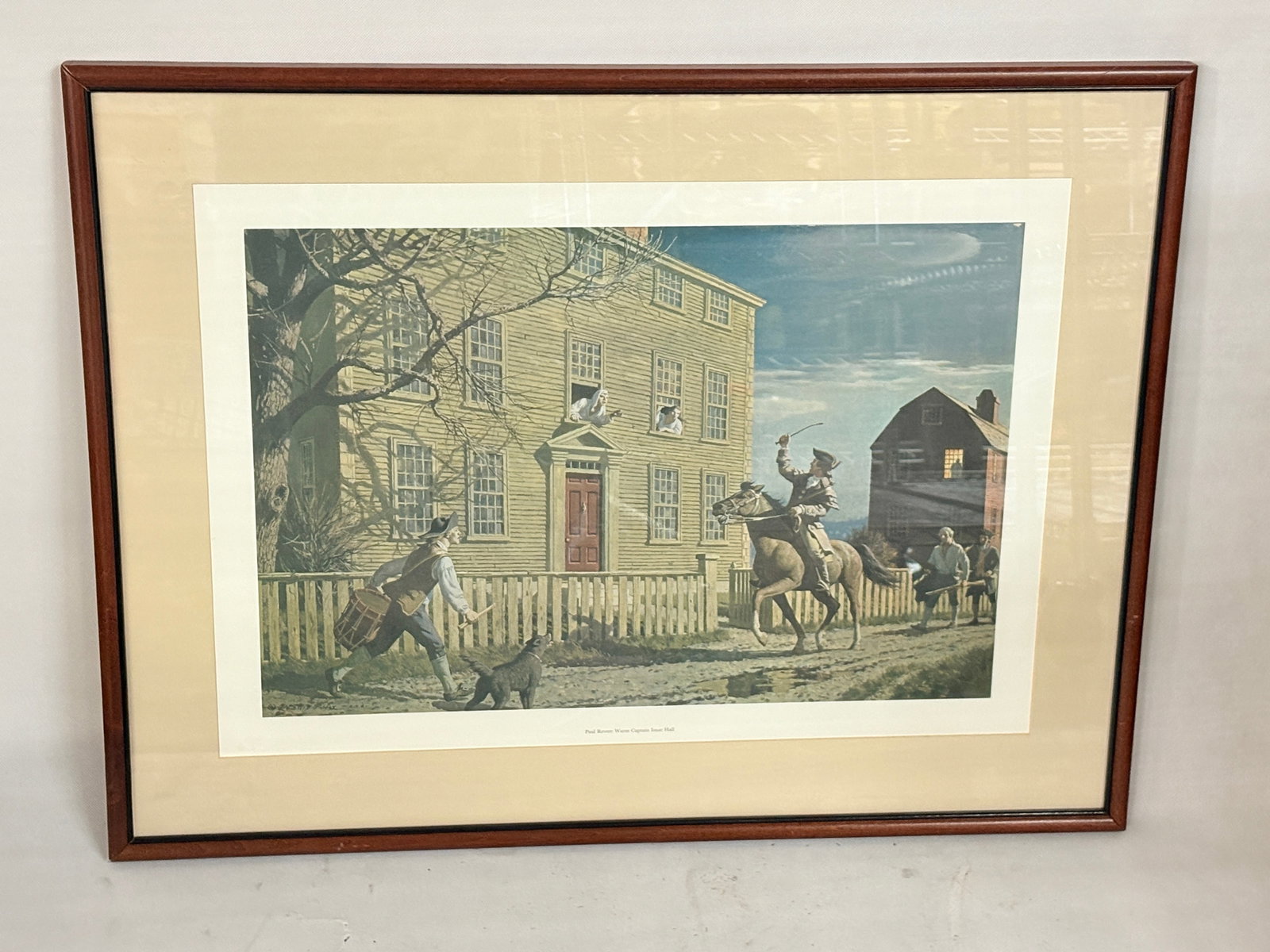 PAUL REVERE WARNS CAPT ISAAC HALL FRAMED RIPLEY PRINT: ATTRACTIVE FRAMED ARTWORK BY AIDEN LASSELL RIPLEY REMAINS IN VERY GOOD CONDITION, FRAMED