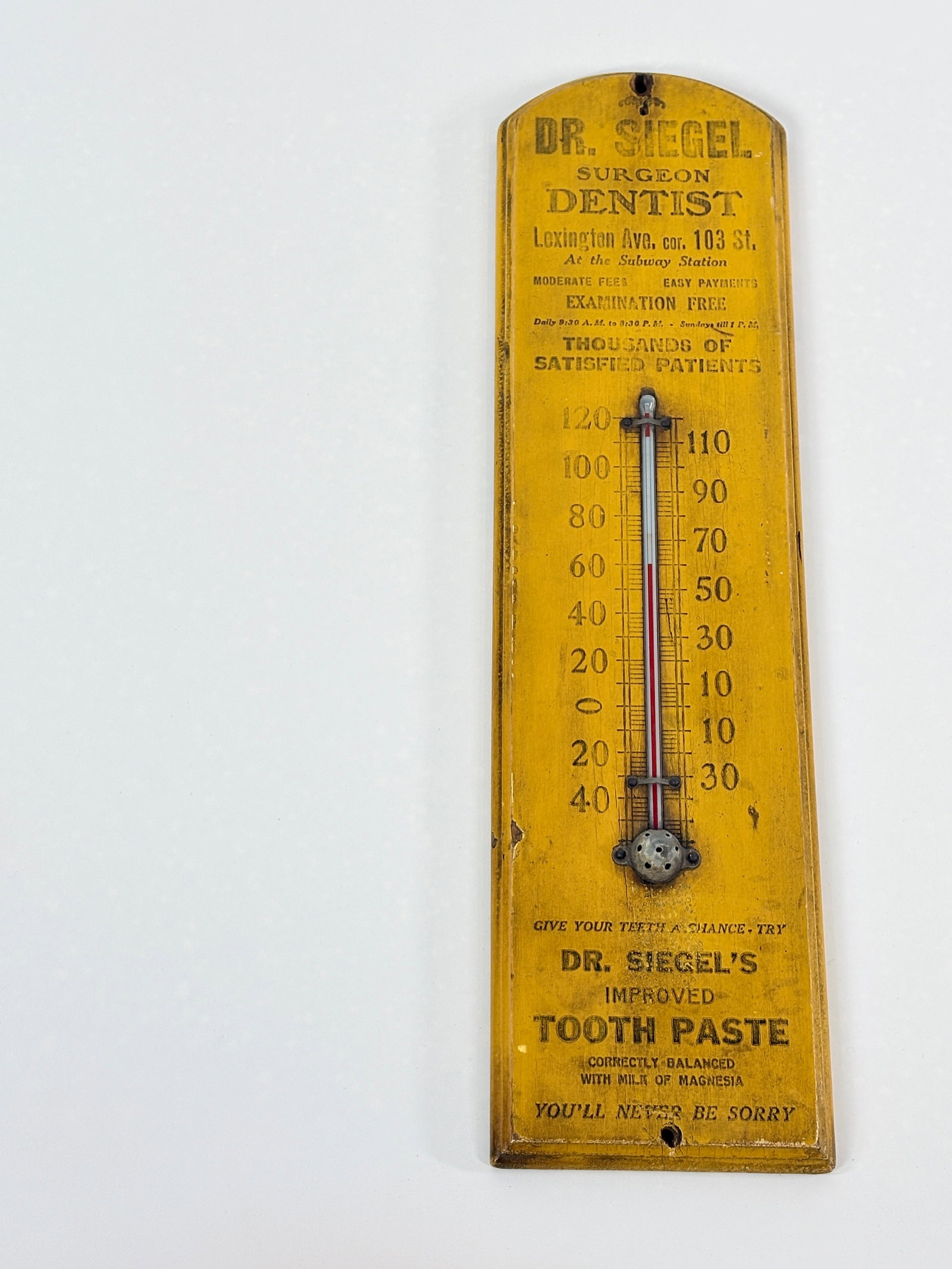 DENTIST SURGEON WOOD ADVERTISING WALL THERMOMETER DR. SIEGEL (1 of 5)
