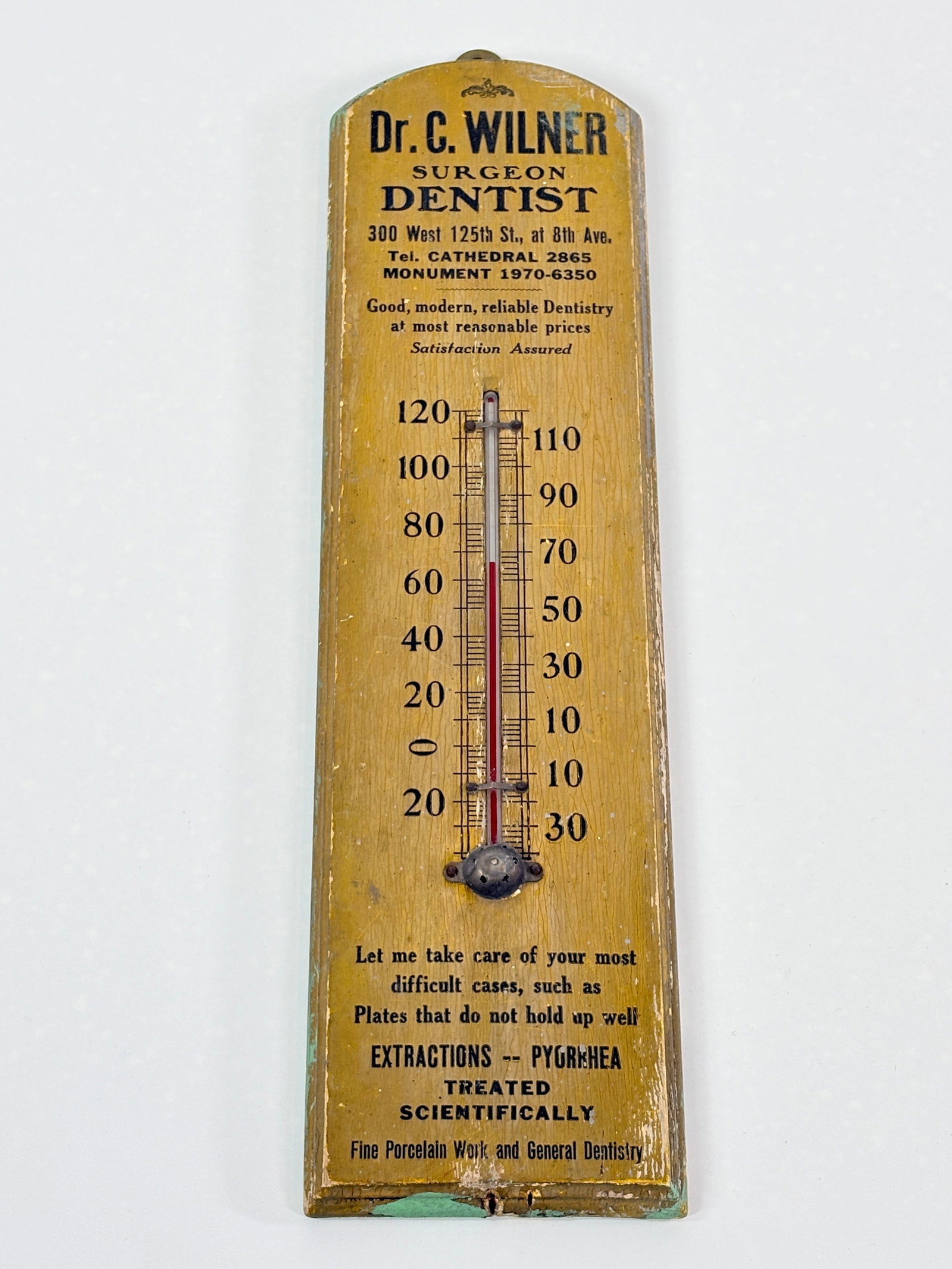 DENTIST SURGEON WOOD ADVERTISING WALL THERMOMETER DR. C. WILNER (1 of 5)
