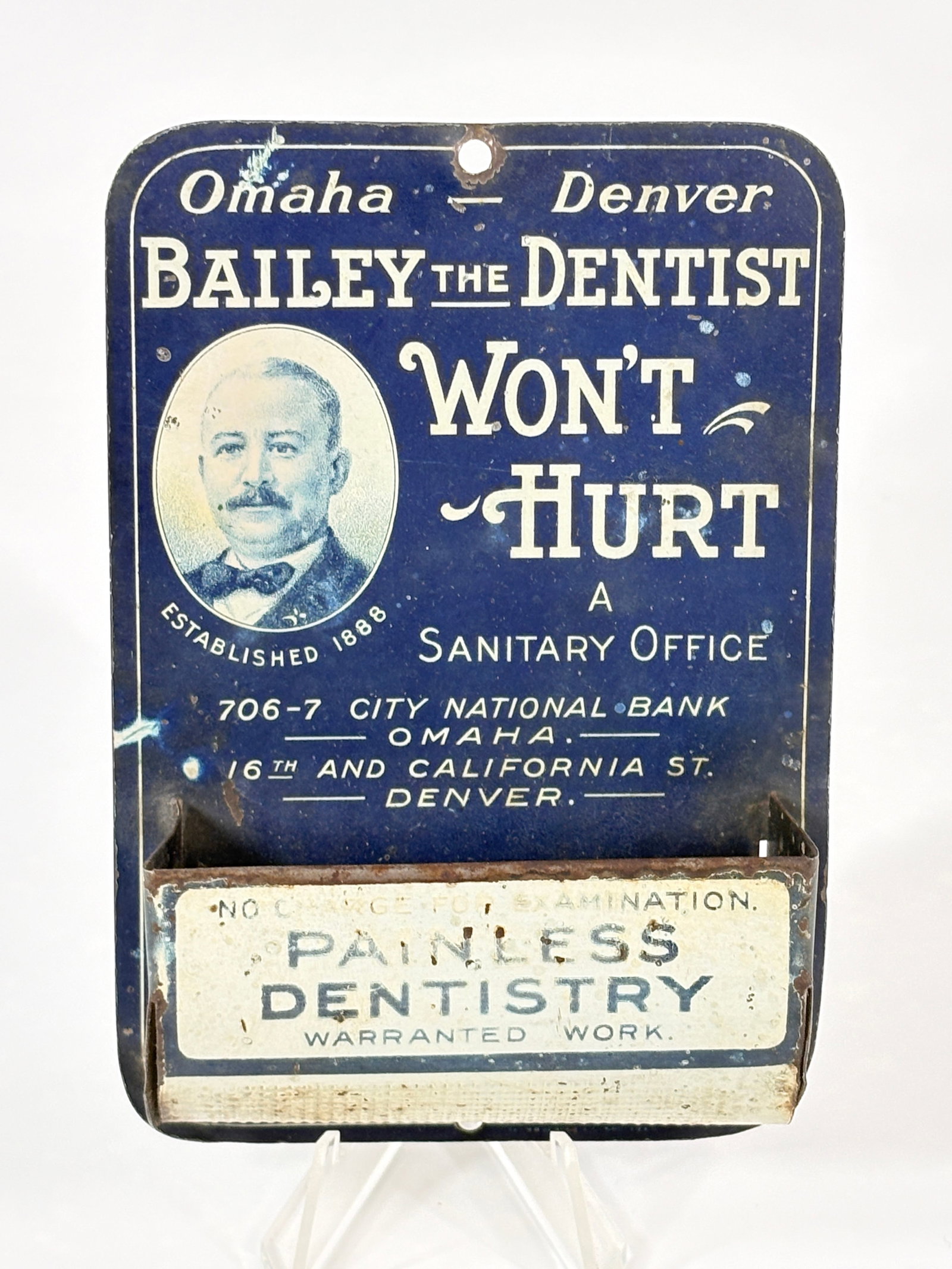 BAILEY PAINLESS DENTIST TIN WALL MOUNT MATCH HOLDER (1 of 6)
