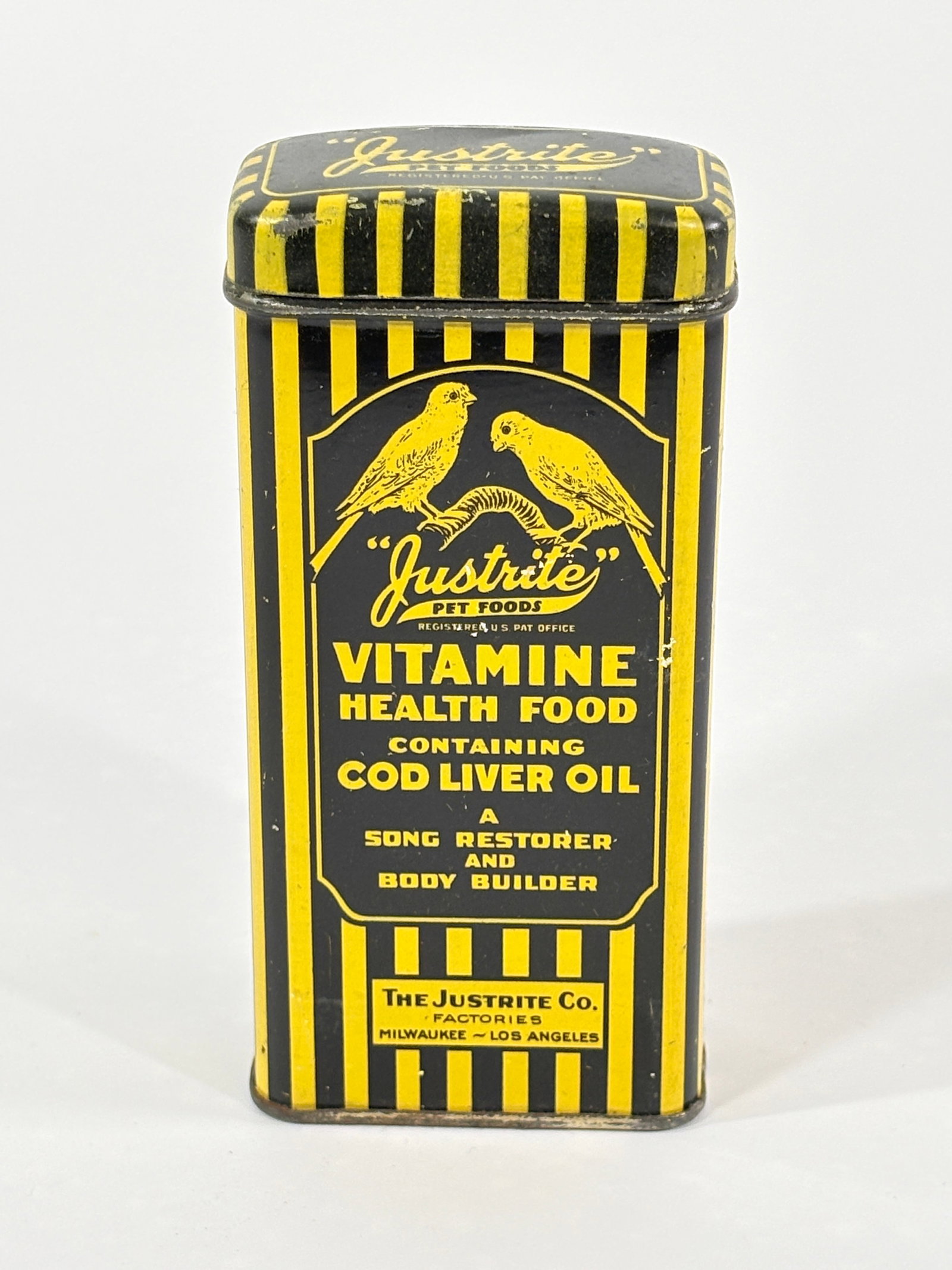 JUSTRITE VITAMINE CANARY BIRD FOOD ADVERTISING TIN: REMAINS IN GOOD CONDITION, BRIGHT, LIGHT GENERAL WEAR