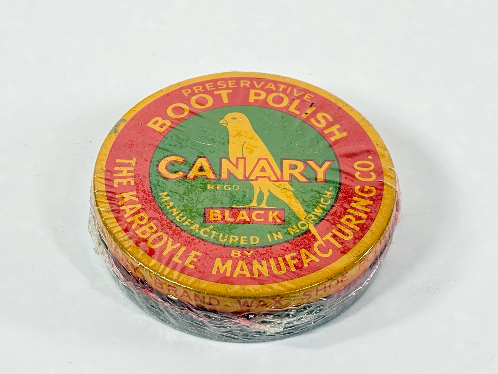 CANARY BLACK BOOT POLISH KARBOYLE TIN: REMAINS IN GOOD CONDITION, BRIGHT GRAPHICS, SHRINK WRAPPED
