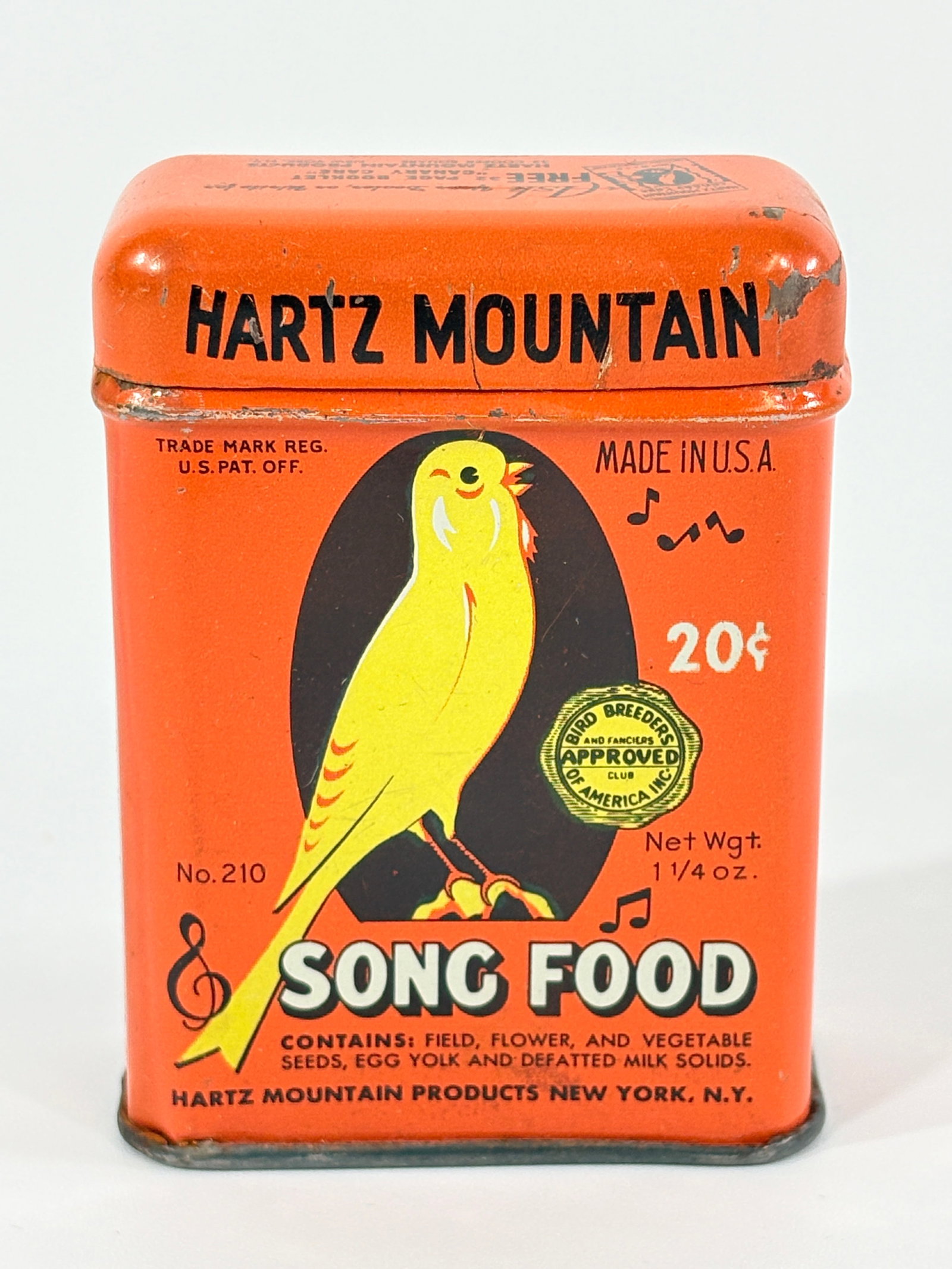 HARTZ MOUNTAIN SONG FOOD CANARY BIRD SEED TIN: CONTAINER REMAINS IN GOOD CONDITION, CLEAN GRAPHICS, LIGHT GENERAL WEAR/MARKS ON LID