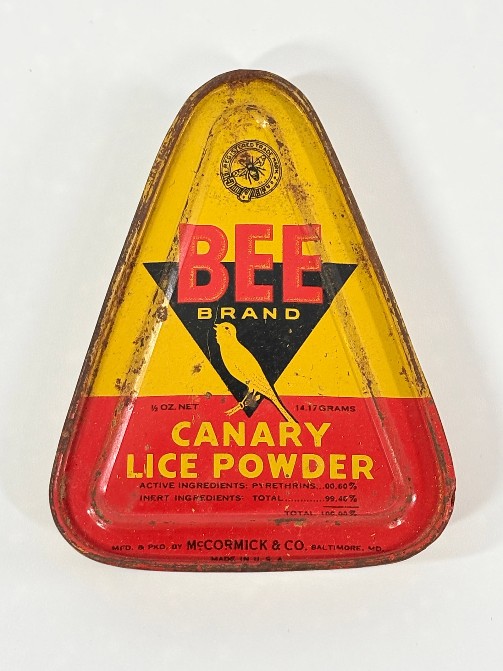 BEE BRAND CANARY BIRD LICE POWDER TIN - MCCORMICK: CONTAINER REMAINS IN GOOD CONDITION, NICE GRAPHICS, LIGHT GENERAL WEAR / SURFACE RUST