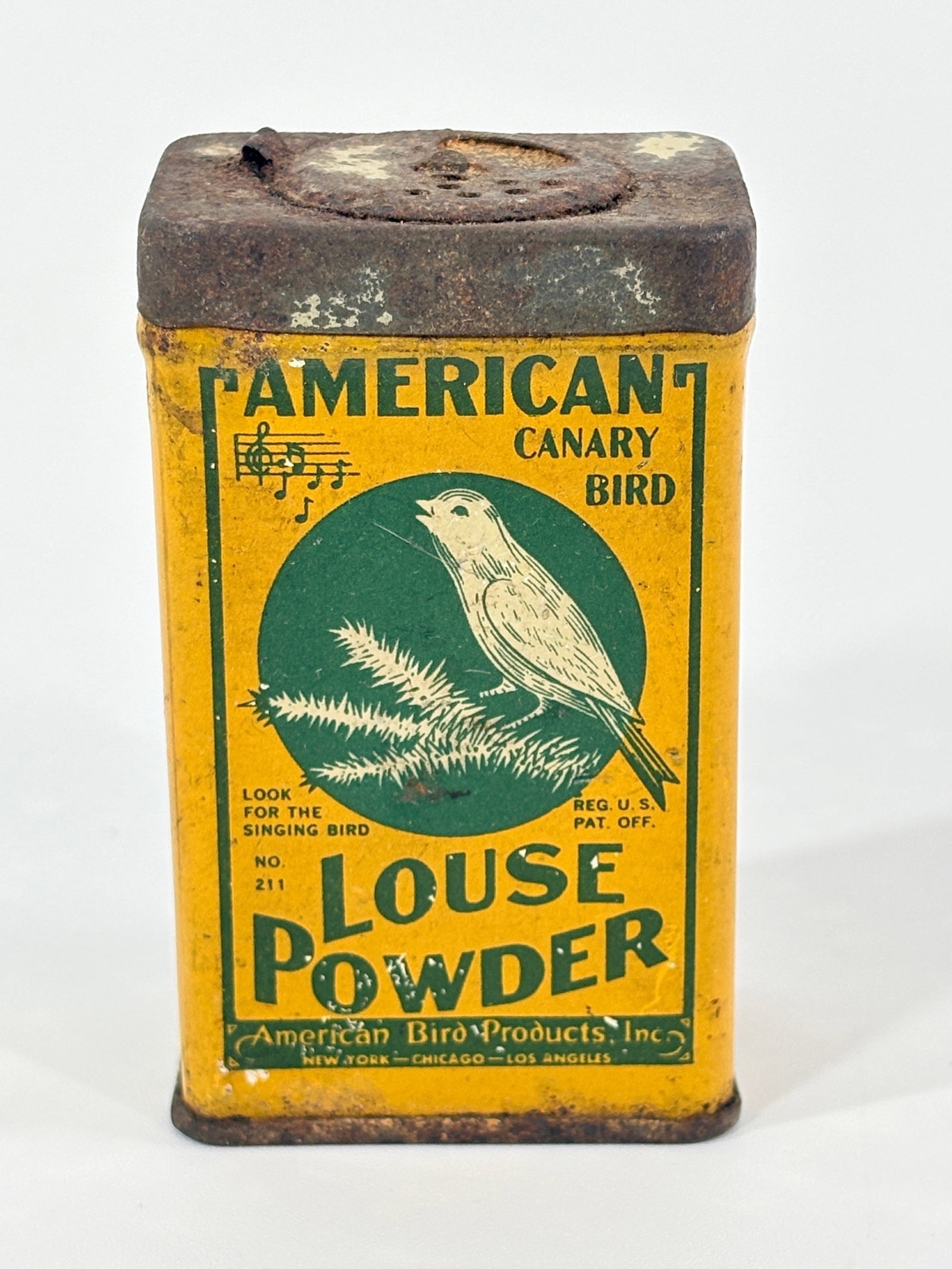 AMERICAN CANARY BIRD LOUSE POWDER SHAKER TIN: CONTAINER REMAINS IN FAIR - GOOD CONDITION, PROMINENT BRIGHT GRAPHIC, GENERAL WEAR / RUST ON END CAPS