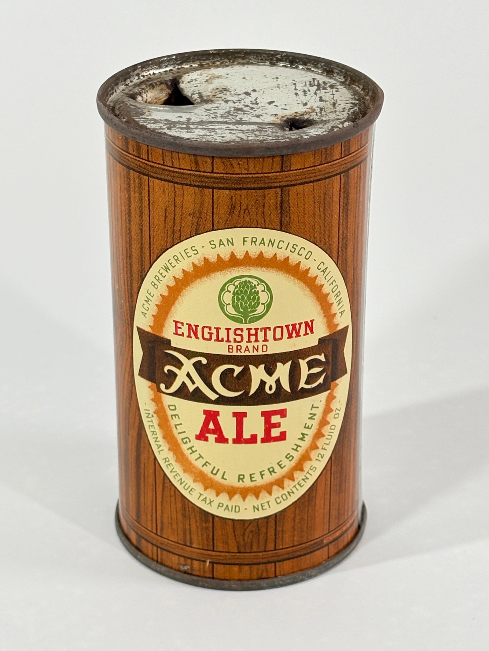 ENGLISHTOWN ACME ALE SAN FRANCISCO FLAT TOP STEEL BEER CAN: PUNCHED TOP CAN REMAINS IN VERY GOOD CONDITION - BRIGHT GRAPHICS, SOME MARKS / SURFACE RUST