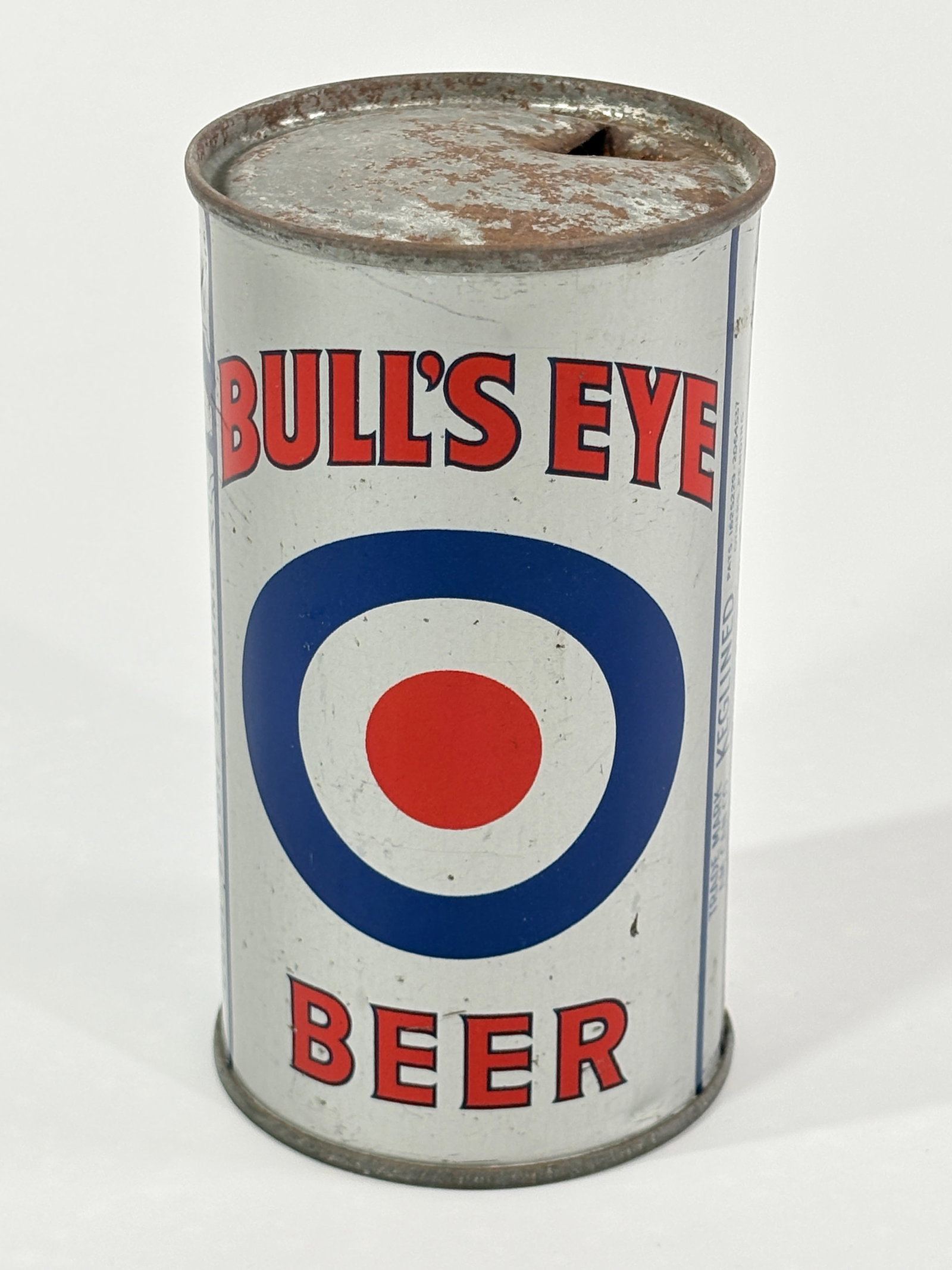 BULL'S EYE BEER GOLDEN WEST BREWING CO STEEL FLAT TOP CAN: PUNCHED TOP CAN REMAINS IN VERY GOOD CONDITION - BRIGHT GRAPHICS, SOME MARKS / SURFACE RUST