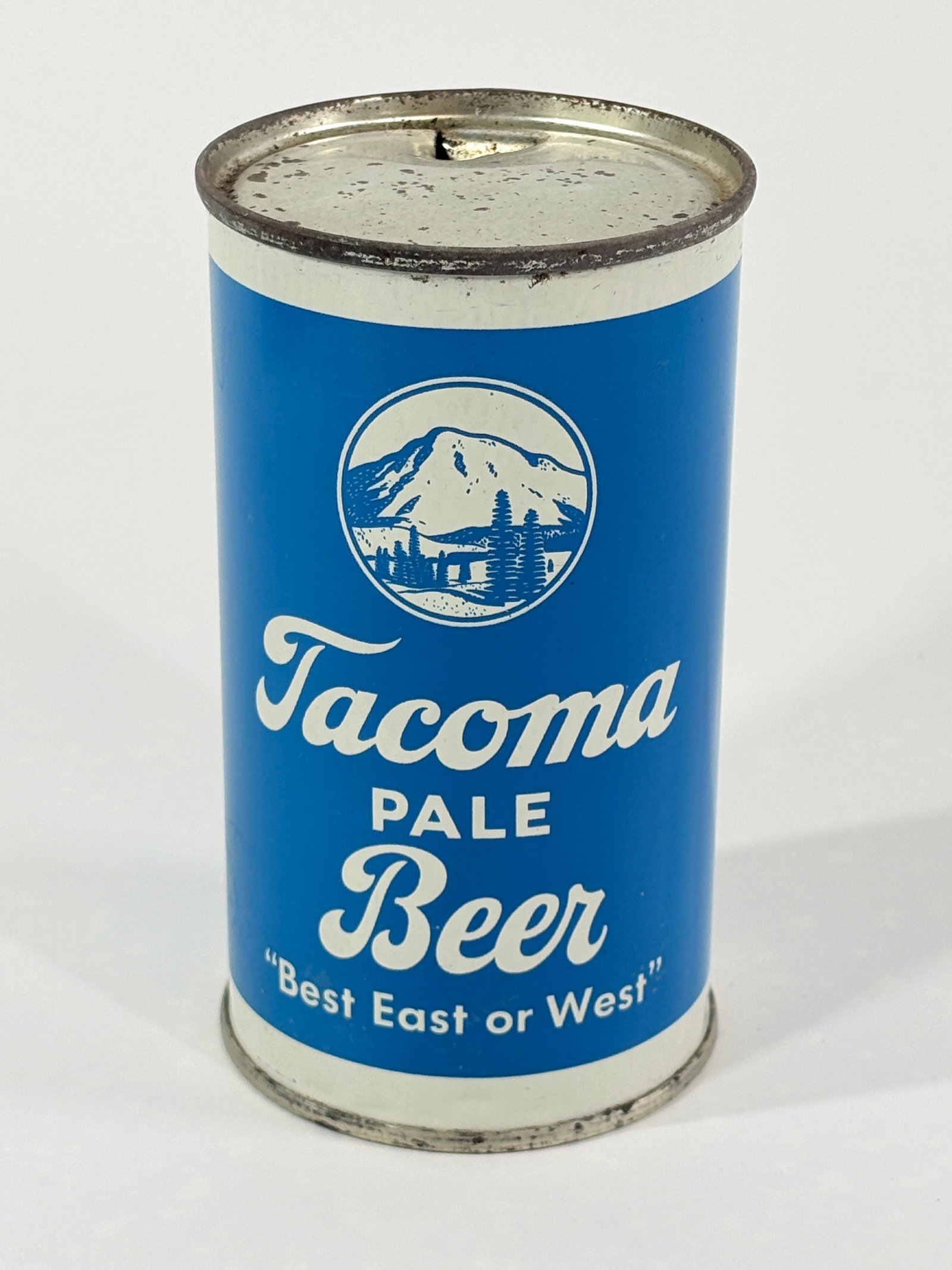 TACOMA PALE BEER "BEST EAST OR WEST" KEGLINED STEEL FLAT TOP CAN: PUNCHED TOP CAN REMAINS IN VERY GOOD CONDITION - BRIGHT GRAPHICS, SOME MARKS / SURFACE RUST