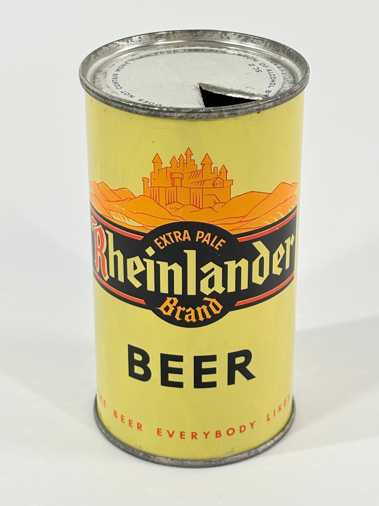 EXTRA PALE RHEINLANDER BRAND SEATTLE BREWING STEEL FLAT TOP CAN: PUNCHED TOP CAN REMAINS IN VERY GOOD CONDITION - BRIGHT GRAPHICS, SOME MARKS / SURFACE RUST