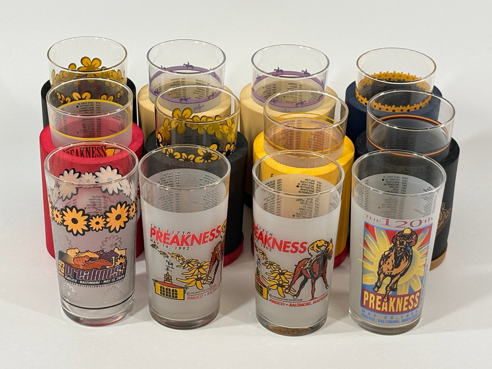 12) ASSORTED PREAKNESS KENTUCKY DERBY GLASSES & 8) KOOZIES: GLASSES & KOOZIES REMAIN IN VERY GOOD CONDITION