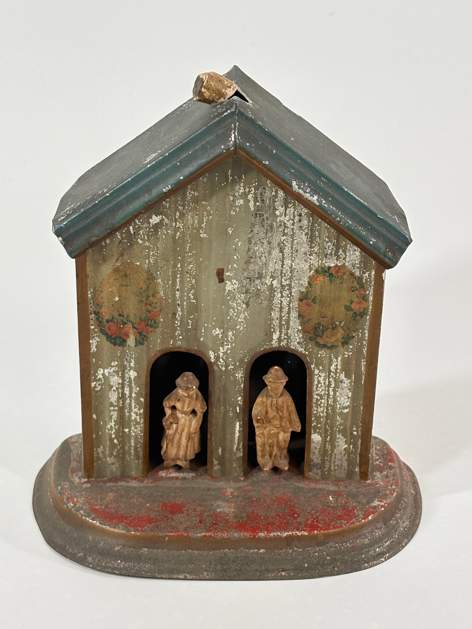 GERMAN TIN LITHO BAROMETER LOVEJOY'S IMPROVED WEATHER HOUSE: WORN, PRIMITIVE 1870S ERA TIN LITHO IN GOOD CONDITION - PROMINENT PAINT LOSS & PATINA