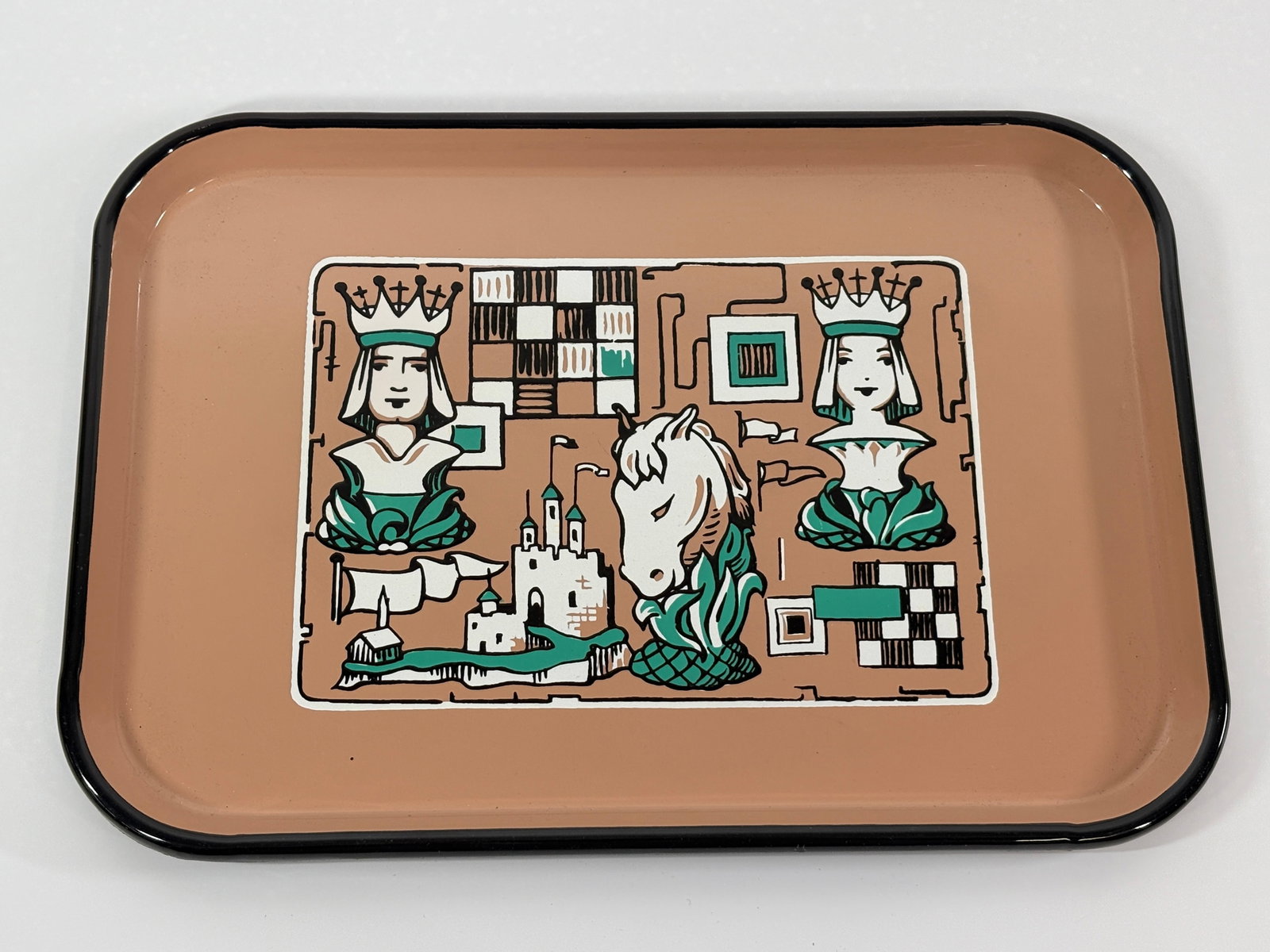 MID CENTURY ING-RICH PORCELAIN ENAMEL TRAY W/ CHESS PIECES: TRAY REMAINS IN VERY GOOD CONDITION