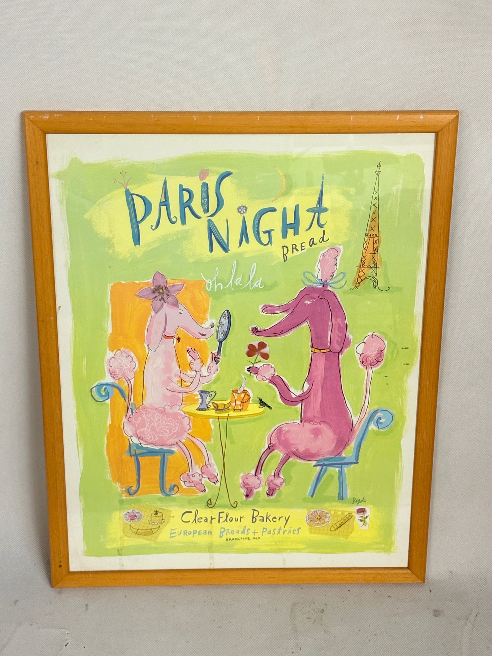PARIS NIGHT BREAD PROMO POODLE POSTER PAINTING: GOOD CONDITION FRAMED PRINT - SOME DUST/WEAR