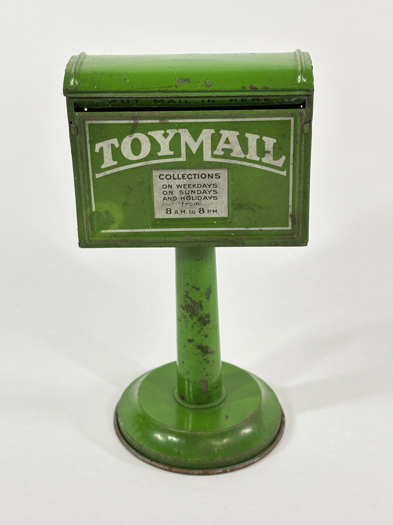 HULLCO TOYMAIL TIN LITHO TOY MAILBOX WITH DECALS: REMAINS IN GOOD CONDITION WITH SOME LIGHT WEAR / MARKS