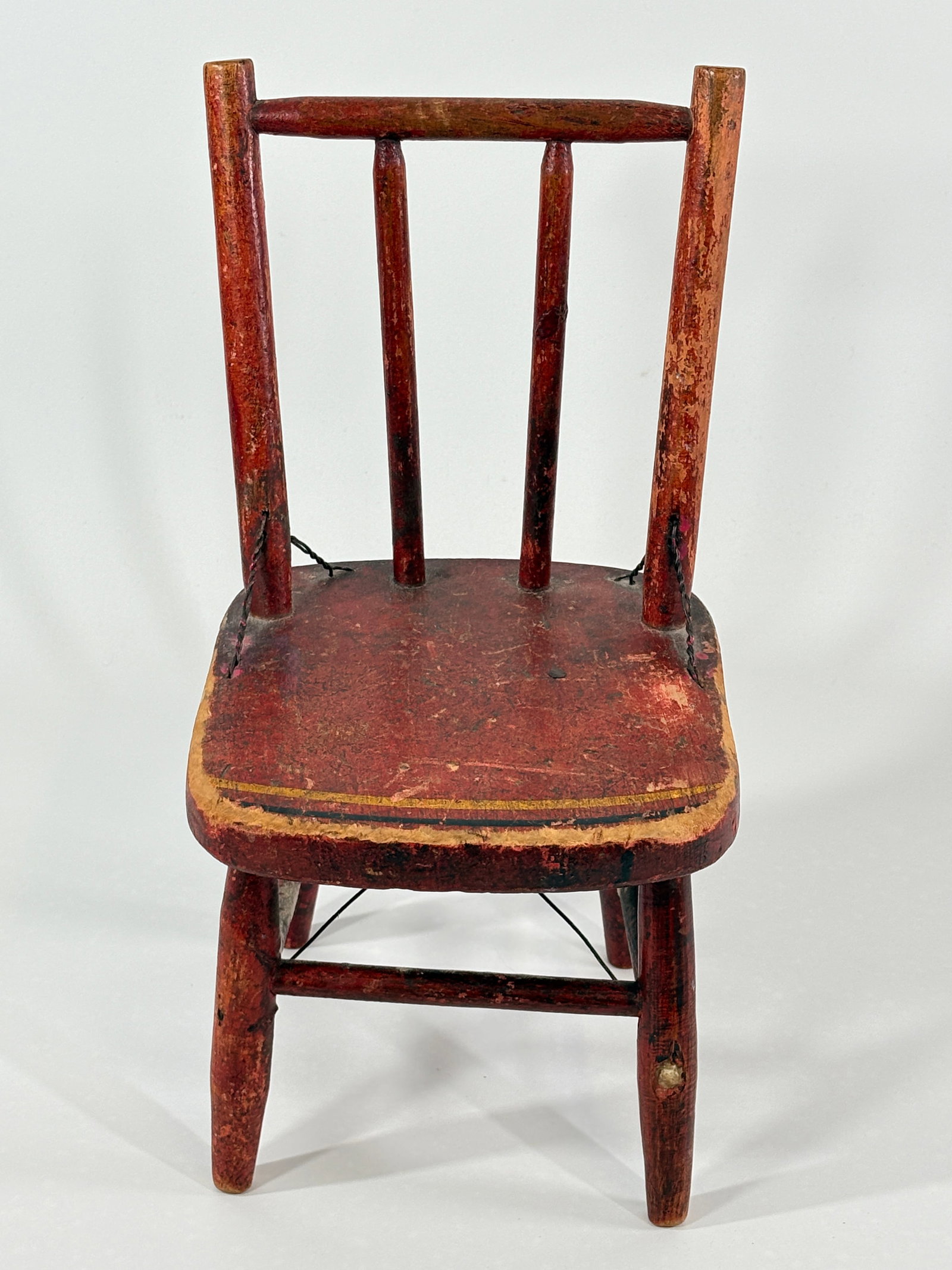 PRIMITIVE ANTIQUE WOOD CHILD'S CHAIR DOLL ORIGINAL PAINT, WIRE REPAIR: ATTRACTIVE PRIMITIVE CHAIR, PETITE WITH WORN PAINT - INTERESTING TWISTED WIRE "REPAIR" THROUGHOUT