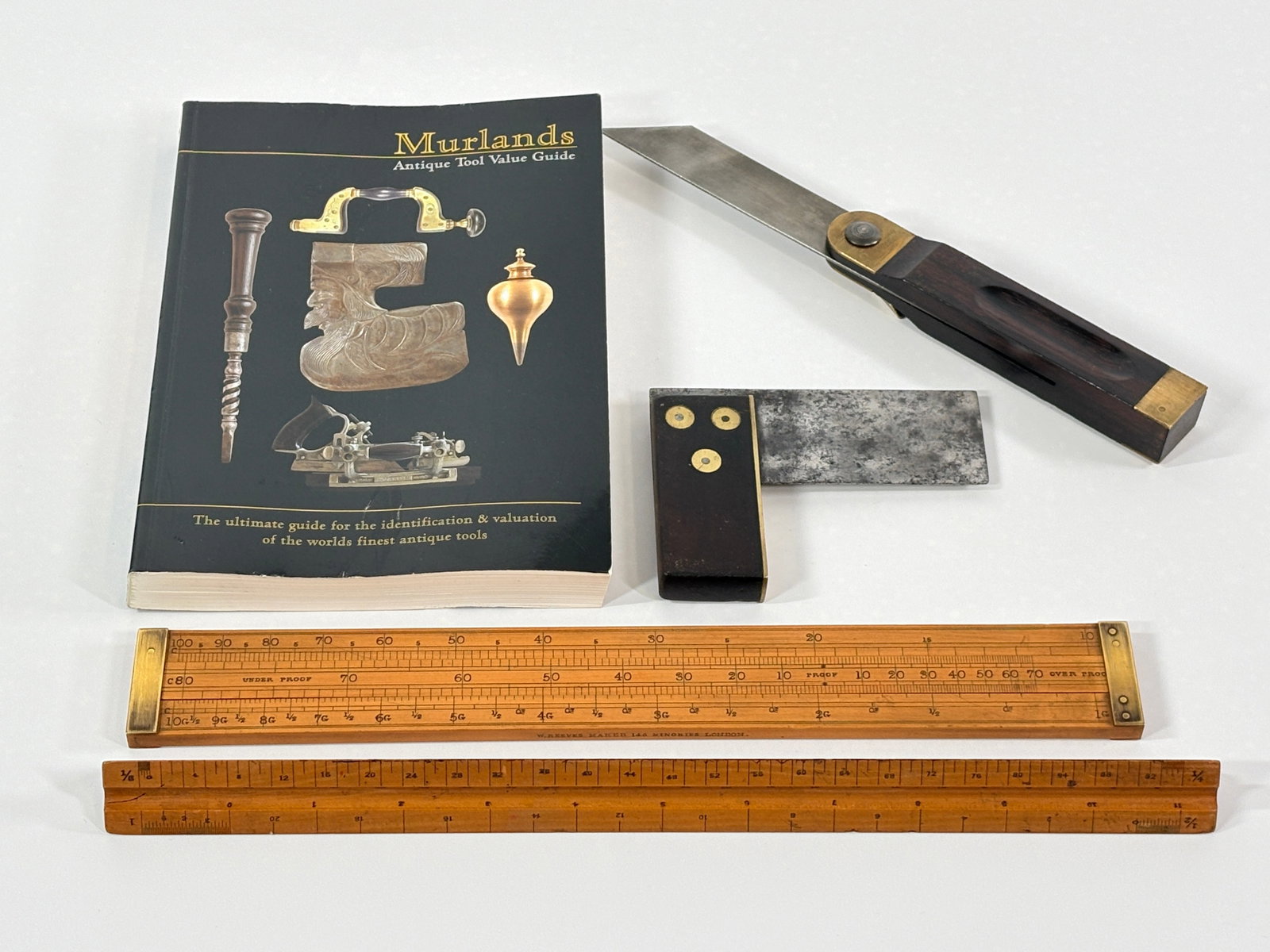 CARPENTER SLIDE RULE, WINCHESTER SQUARE & PRICE GUIDE DRAFTING: NICE COLLECTION OF ANTIQUE TOOLS & RULERS - GROUP REMAINS IN VERY GOOD CONDITION