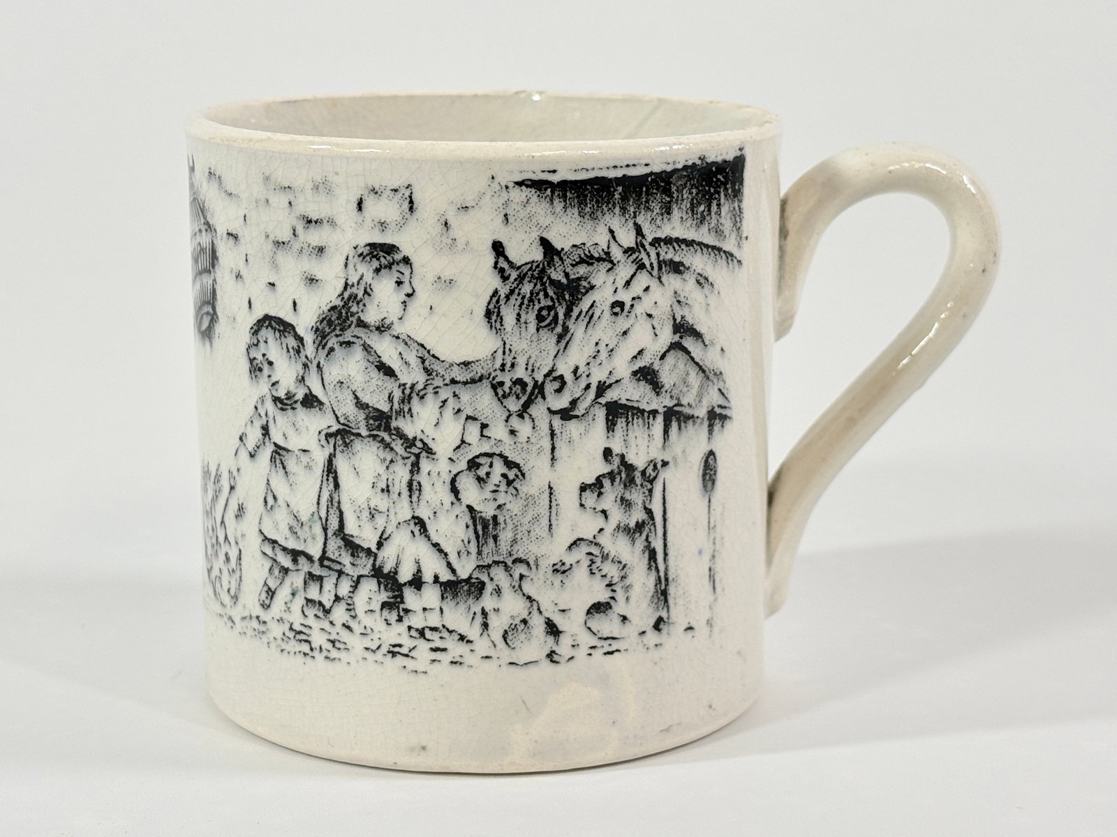 ANTIQUE NURSERY RHYME CHILD'S STAFFORDSHIRE CUP: REMAINS IN GOOD CONDITION, SHOWING SOME TYPICAL WEAR. NO CHIPS OR CRACKS.