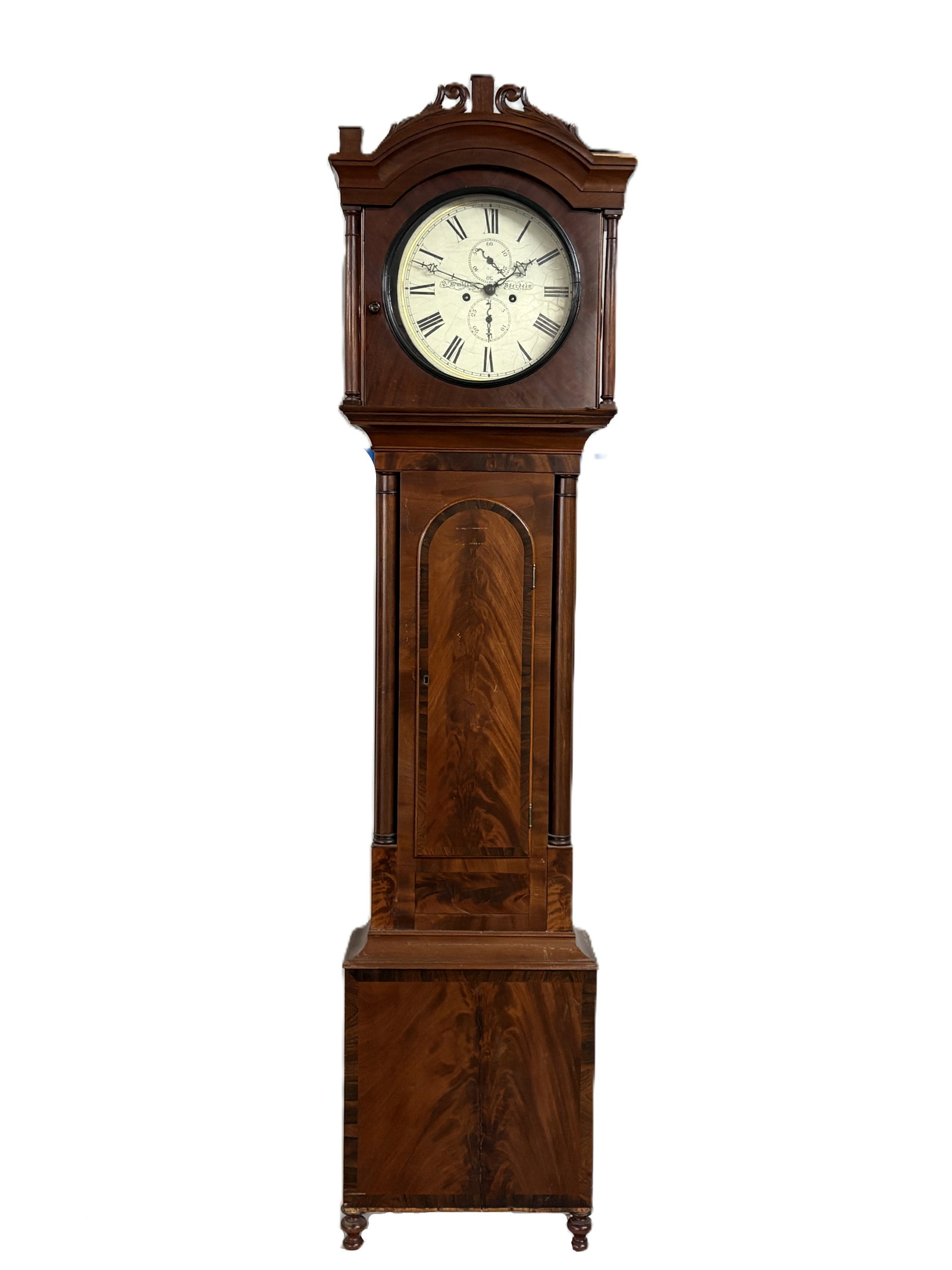 ANTIQUE McMILLAN ABERDEEN TALL CASE GRANDFATHER CLOCK: REMAINS IN FAIR TO GOOD CONDITION, SHOWING TYPICAL USAGE WEAR. CRACKING TO THE FACE OF CLOCK. HANDMADE WOOD CASE SHOWING SOME WEAR WITH CRACKS AND SCRATCHES. INCLUDES FINIALS, KEY, PENDULUM AND WEIGHT