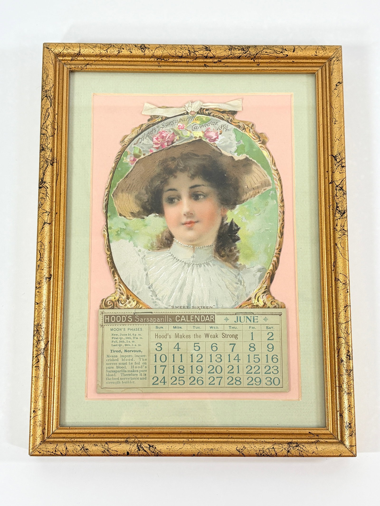1894 HOOD'S SARSAPARILLA ADVERTISING CALENDAR: REMAINS IN VERY GOOD CONDITION, SHOWING SOME LIGHT WEAR. NICELY FRAMED.