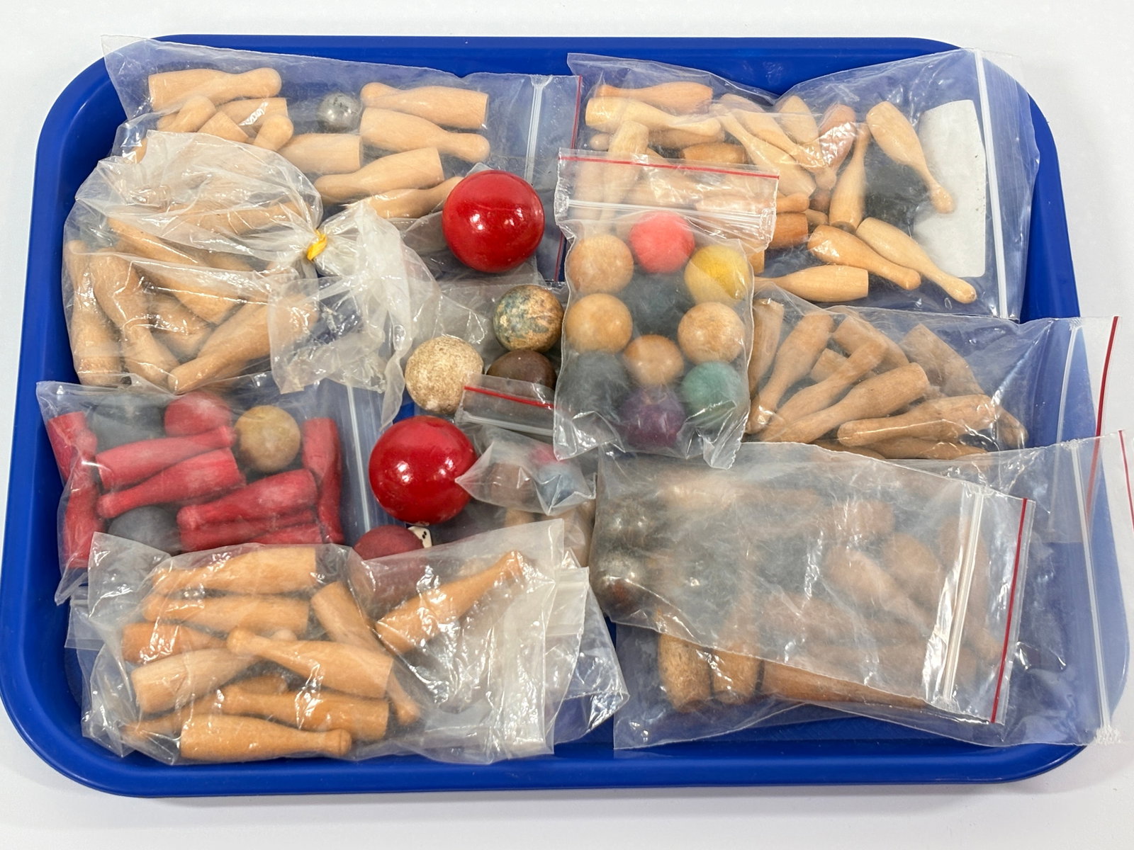 VARIOUS ANTIQUE WOOD PIN & BALLS FOR GAME PARTS: ALL REMAIN IN GOOD CONDITION, SOME NICER THAN OTHERS.