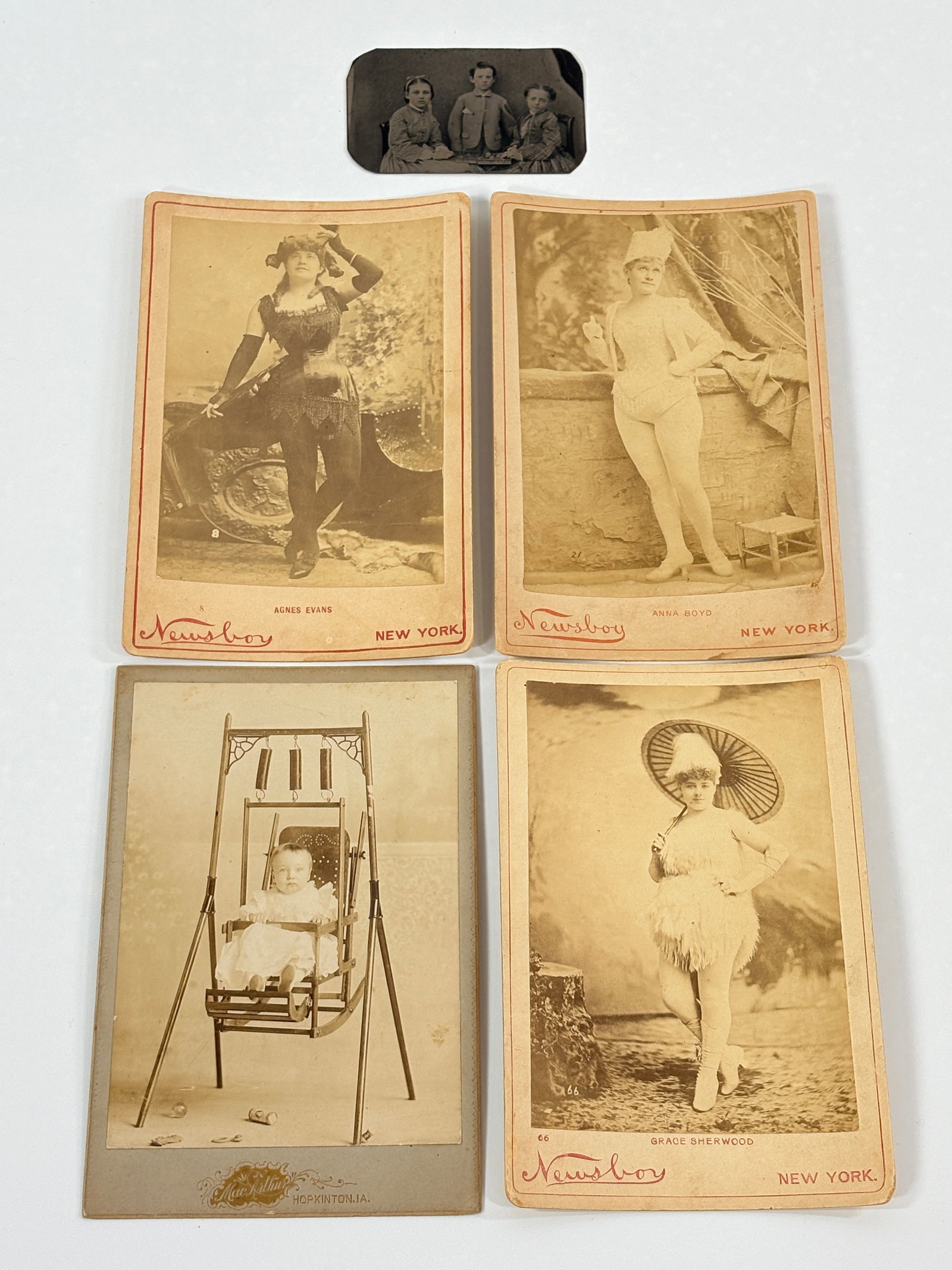 3) ANTIQUE CABINET CARD PHOTOGRAPHS OF ACTORS & TINTYPE: ALL REMAIN IN GOOD CONDITION. TINTYPE WITH CUT EDGES.