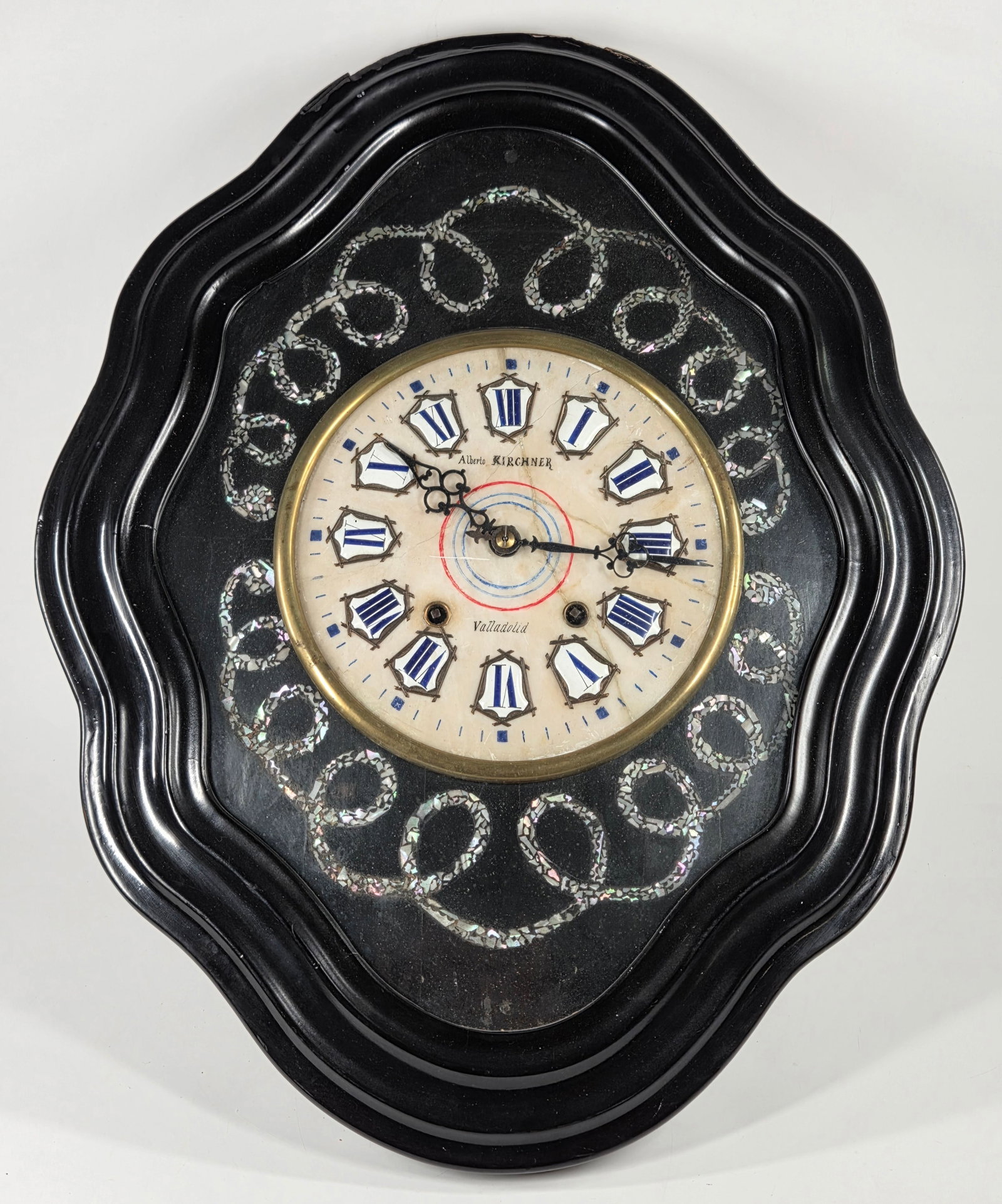 ANTIQUE FRENCH NAPOLEON III INLAY BAKER'S CLOCK: ORNATE MOTHER OF PEARL INLAY. REMAINS IN GOOD CONDITION WITH FEW MARKS - NO GLASS, CRACKS ON FACE, EDGE LOSS