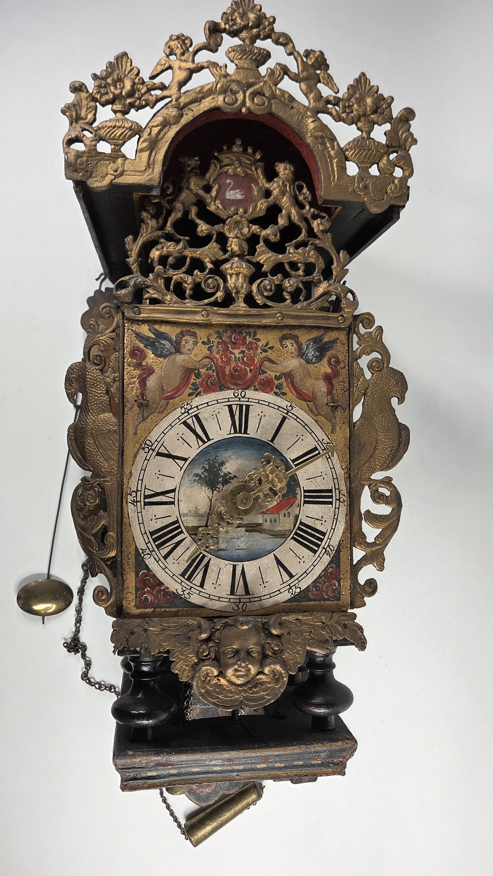 ORNATE DUTCH FRISIAN STOOL CLOCK CHERUBS MERMAIDS: STRIKING ORNATE CAST METAL AND HAND PAINTED DUTCH STOOL CLOCK REMAINS IN GOOD CONDITION WITH LIGHT GENERAL WEAR AND MARKS