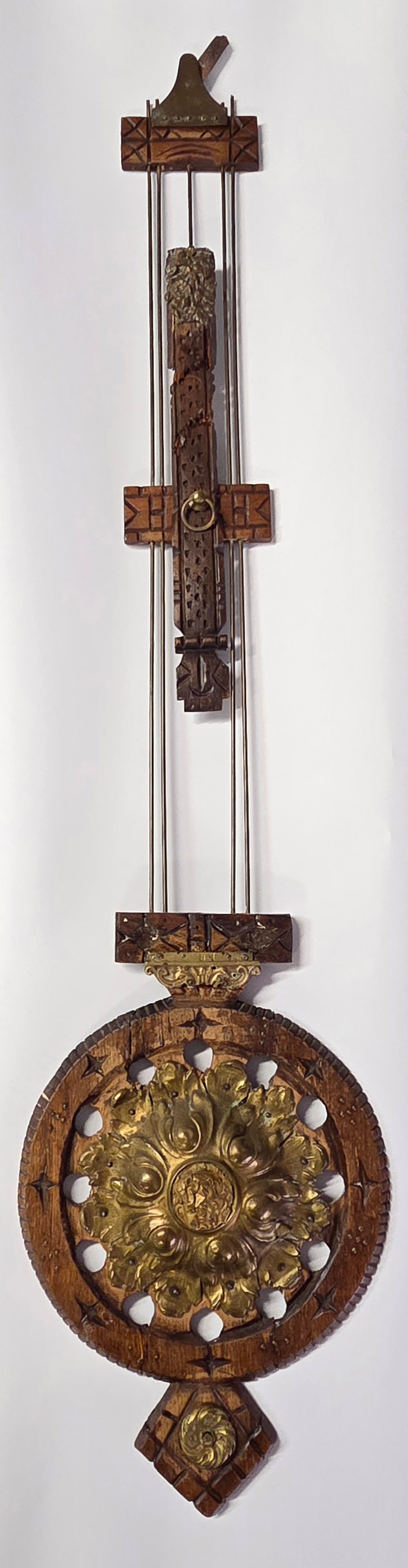 UNIQUE LARGE GERMAN WALL CLOCK PENDULUM BOB: REMAINS IN GOOD CONDITION WITH SOME GENERAL WEAR - WORN WITH WOOD REPAIR