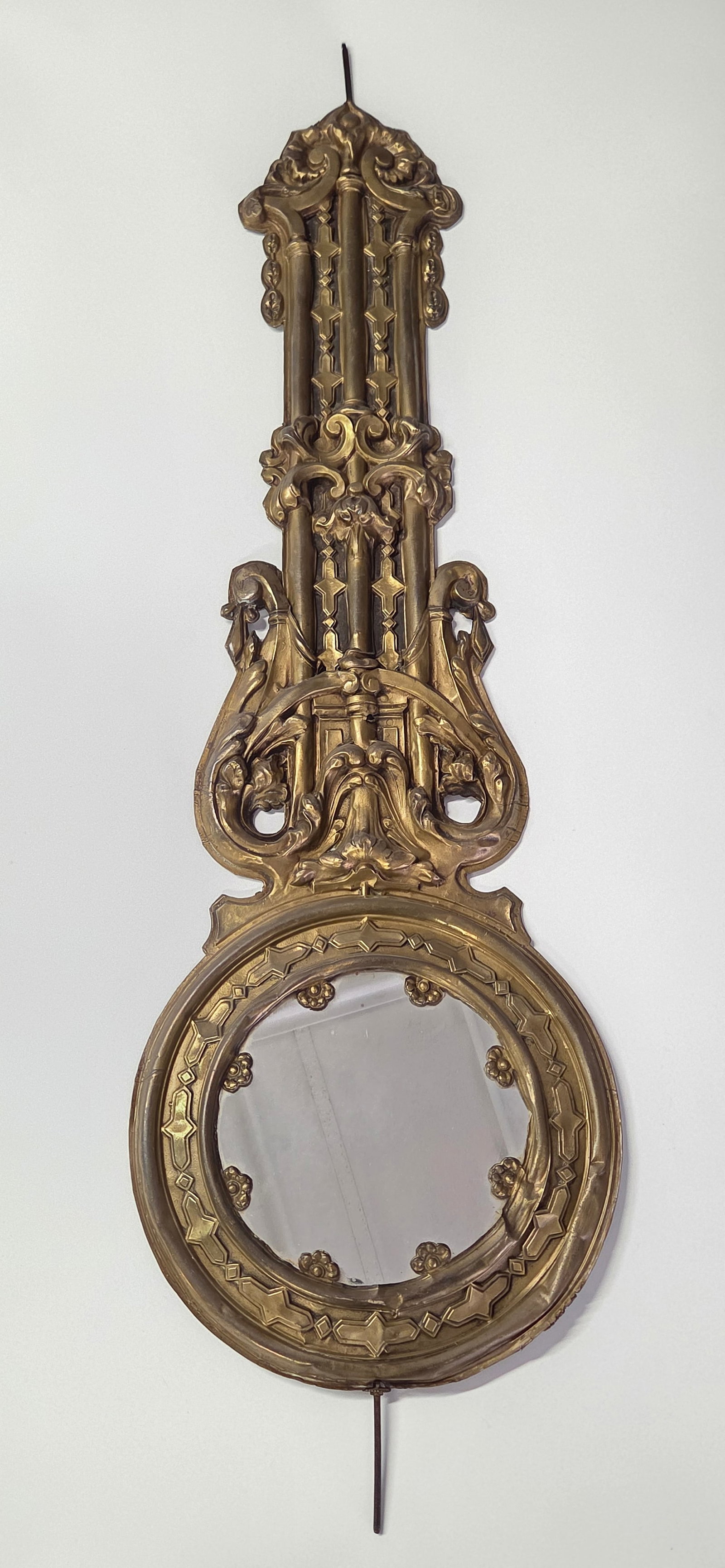 ANTIQUE REPOUSSE MIRRORED COMTOISE CLOCK PENDULUM: REMAINS IN GOOD CONDITION WITH GENERAL WEAR - BENT/MARKS AT BOTTOM RIGHT