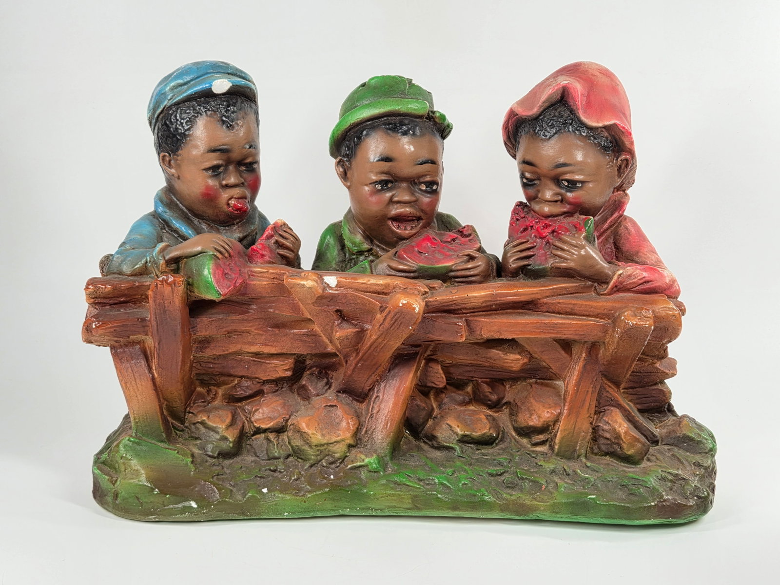 VINTAGE BLACK AMERICANA CHALKWARE STATUE BOYS EATING: REMAINS IN GOOD CONDITION - SOME MINOR CHIPS