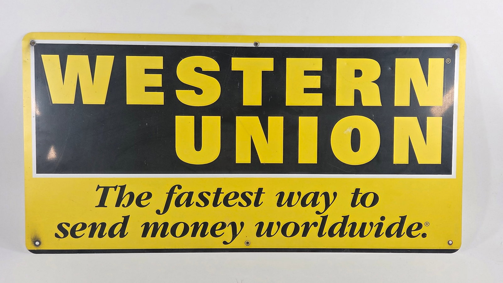 VINTAGE WESTERN UNION DOUBLE SIDED METAL SIGN: REMAIN IN GOOD CONDITION WITH SOME LIGHT MARKS / WEAR